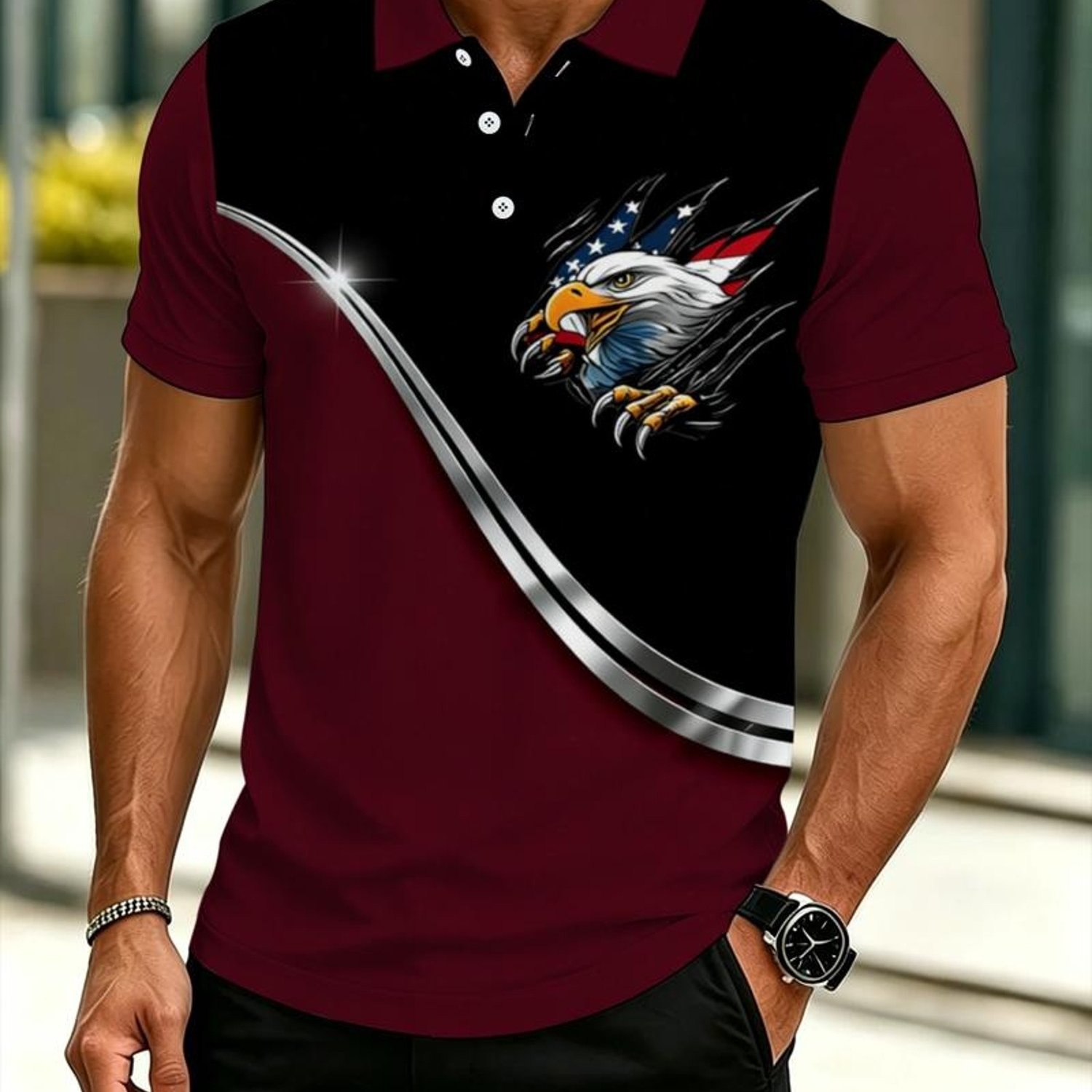 TEMU Printed Design - Non-textured Plus Size Men's Outdoor Shirt, Multicolor, Multiple Sizes, Material, Stylish Eagle And Design, Suitable For Hiking