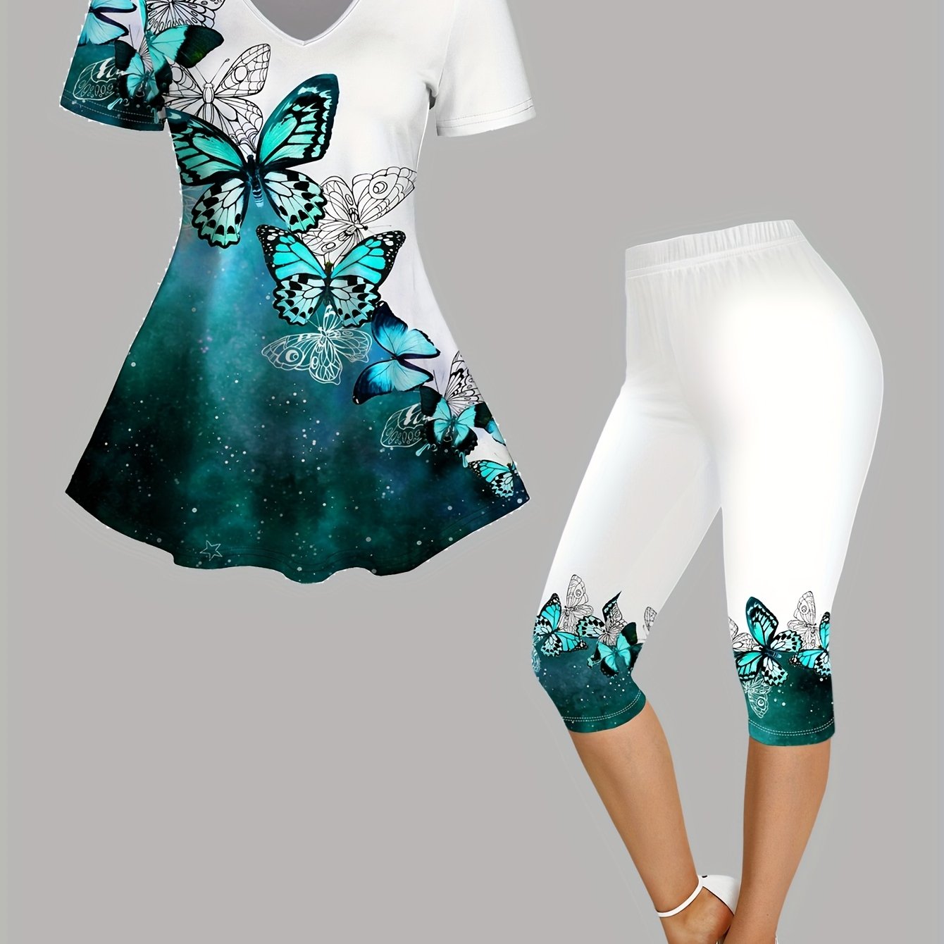 E-shop Damen Freizeitmode Schmetterling Print Zweiteiliges Kurzarm T-Shirt und enge High Waist Hose Set