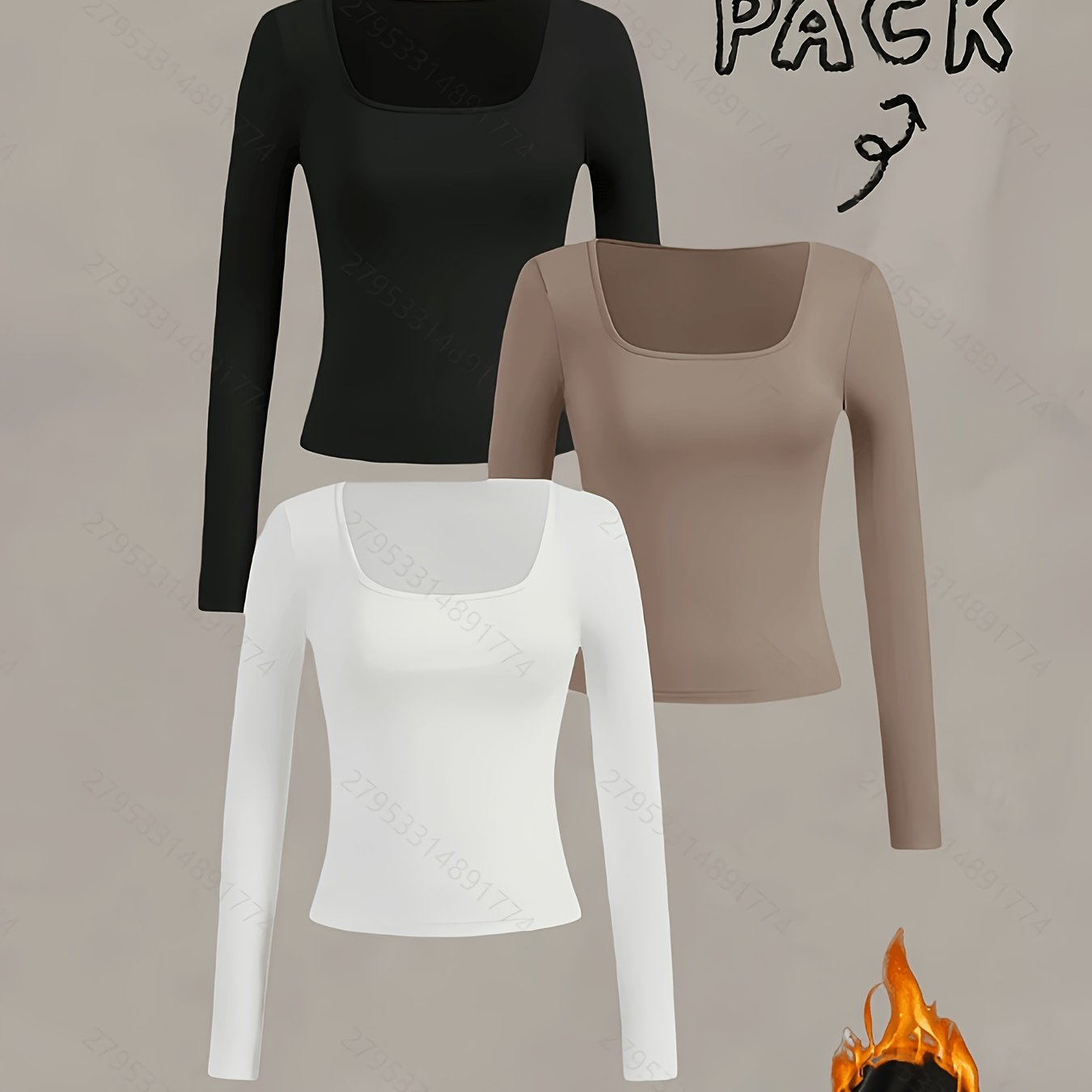 TEMU 3pcs Set - Women's Slim Fit Long Sleeve Fleece Top - (black/brown/white) - Stretch Square Neck Casual Blouse, Soft Comfortable Casual Wear,
