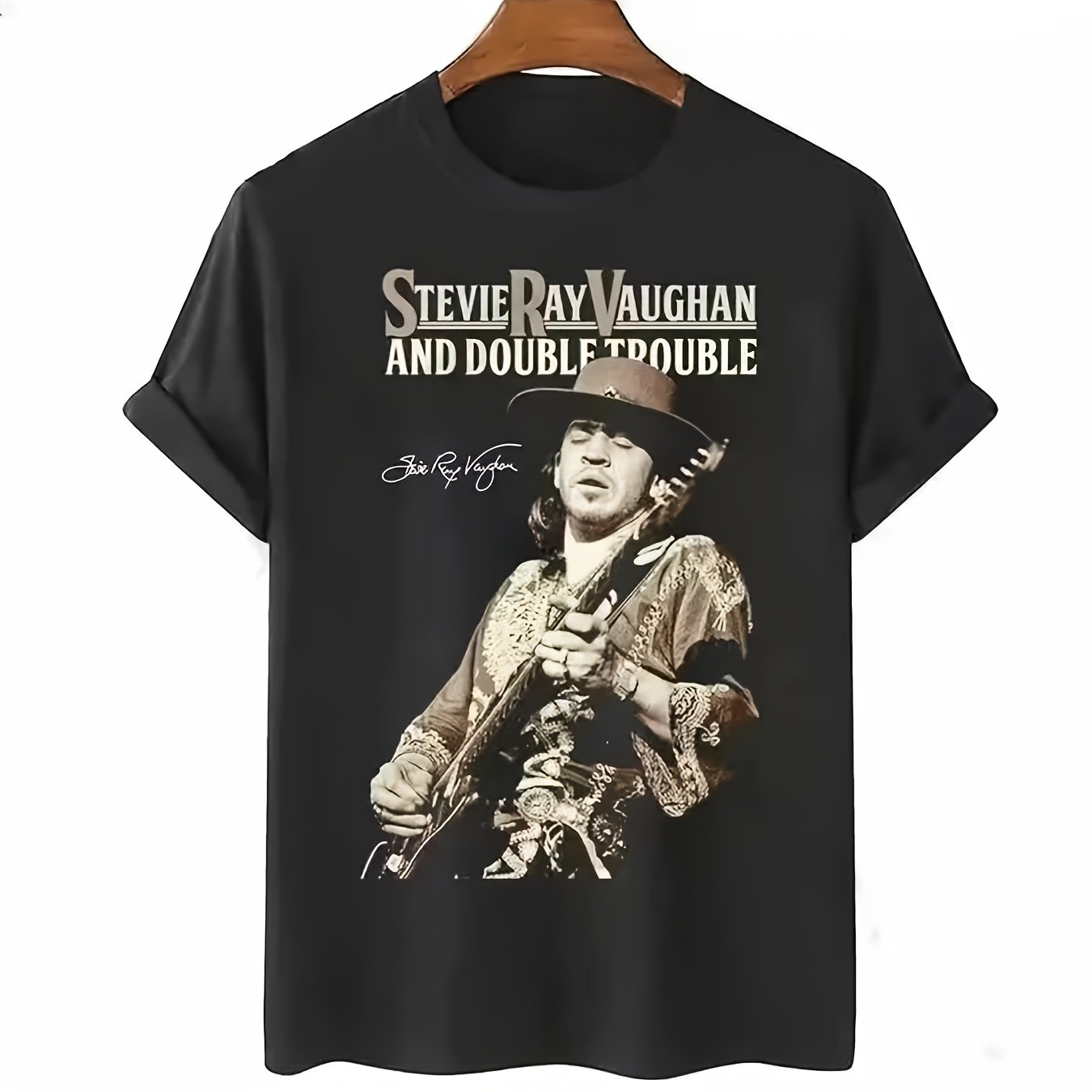 TEMU Unique Patterned - Rolled Sleeve Design, Metallic Font With Monochrome Guitar Illustration - Stylish Casual T-shirt For Music Lovers, Wear Or