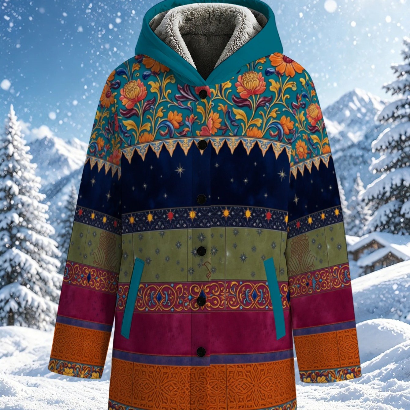 TEMU Lianyaoshi [printed Design Not Textured] Women's Fleece-lined Hooded Coat For Winter Outdoors, Snowy Scenery Wear, Vibrant Multicolor Floral