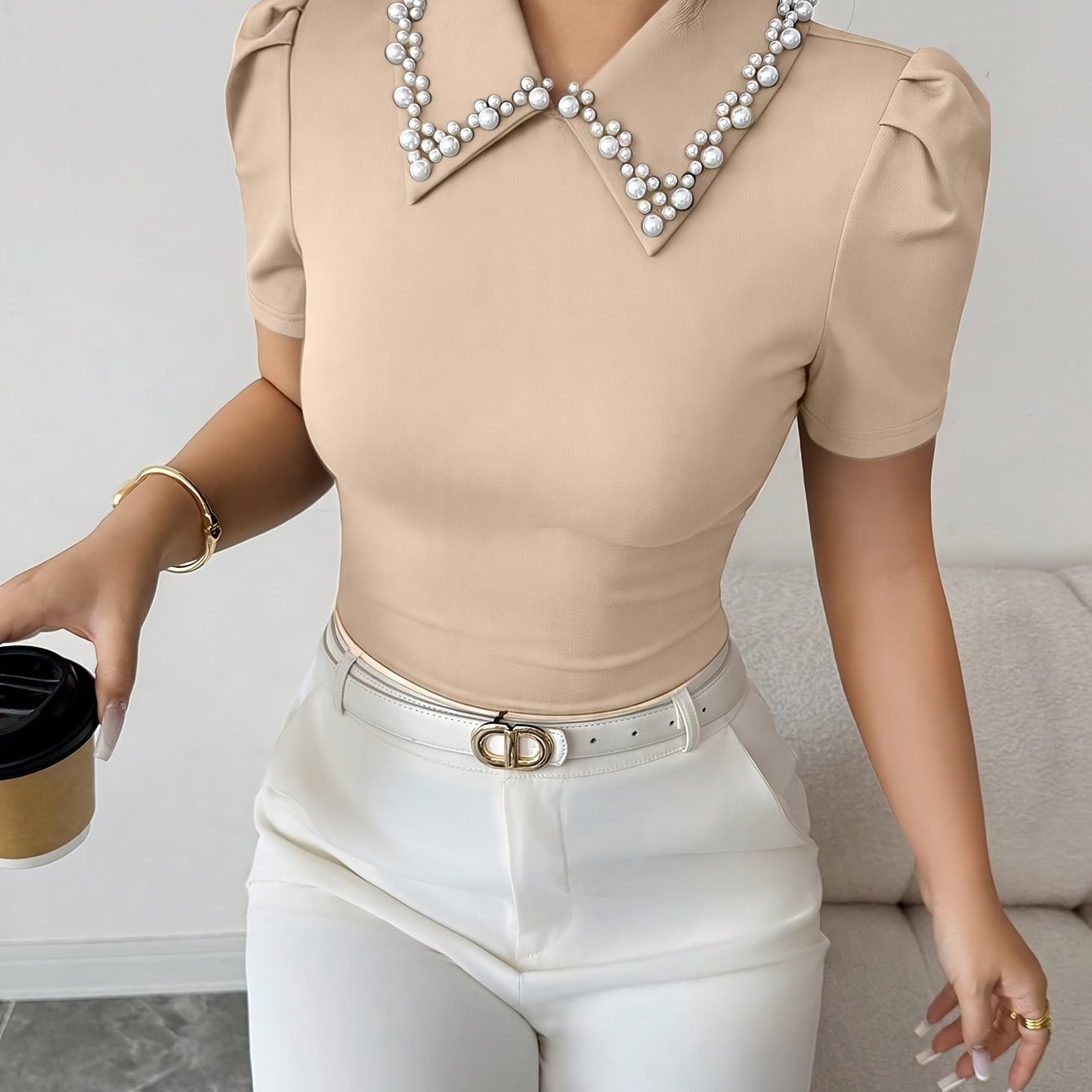 TEMU Women's Fashion Spring/summer Style Date Style Neckline Pearl Embellished T-shirt Slim Fit Puff Sleeve Lapel Short Sleeve Elegant And Short Top
