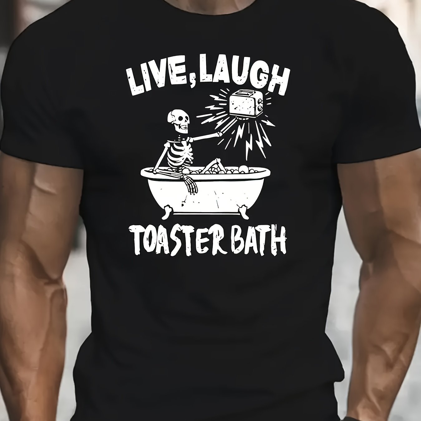 TEMU Men's Black T-shirt - "live Laugh Toasters Bath" Skeleton Design, Casual Short Sleeve Round Neck Tee, Machine Washable Summer Casual Wear, Funny
