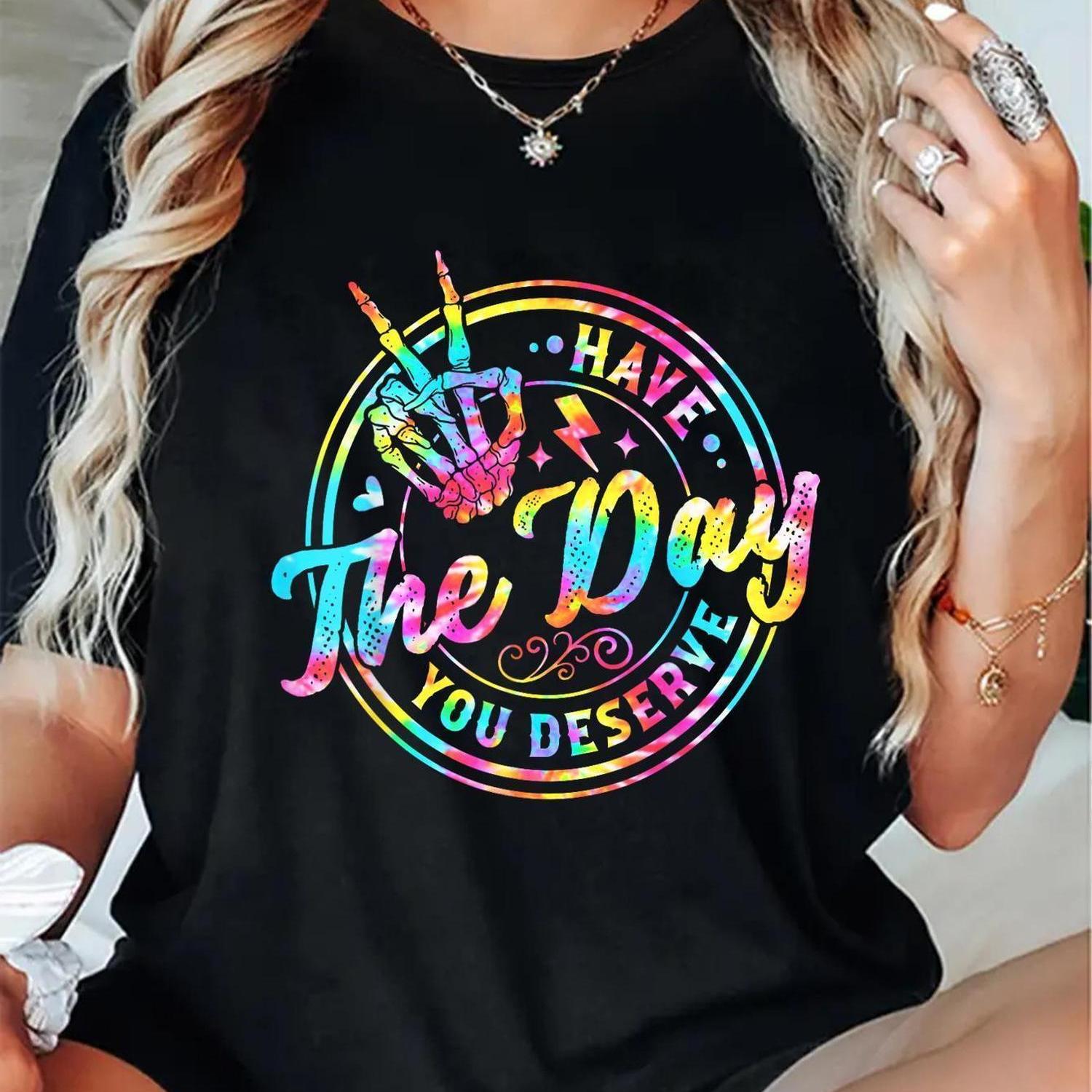 TEMU Women's Vibrant Tie-dye Print Graphic Tee - 'have You ' Skull & Peace , Black Short Sleeve T-shirt, Casual Fit, Machine Washable, Spring/summer/fall, Skull T Shirt