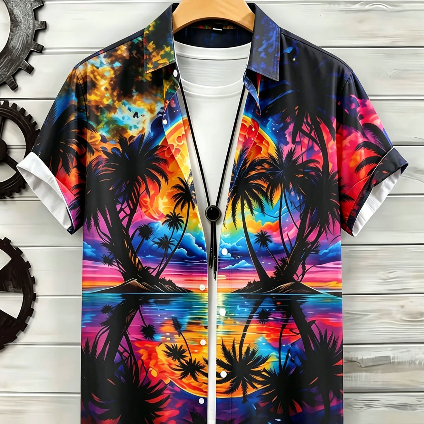 Image of Men's Neon Tropical Hawaiian Shirt, Gradient Sunset And Palm Tree Prints, Short-sleeve Casual Aloha Shirt