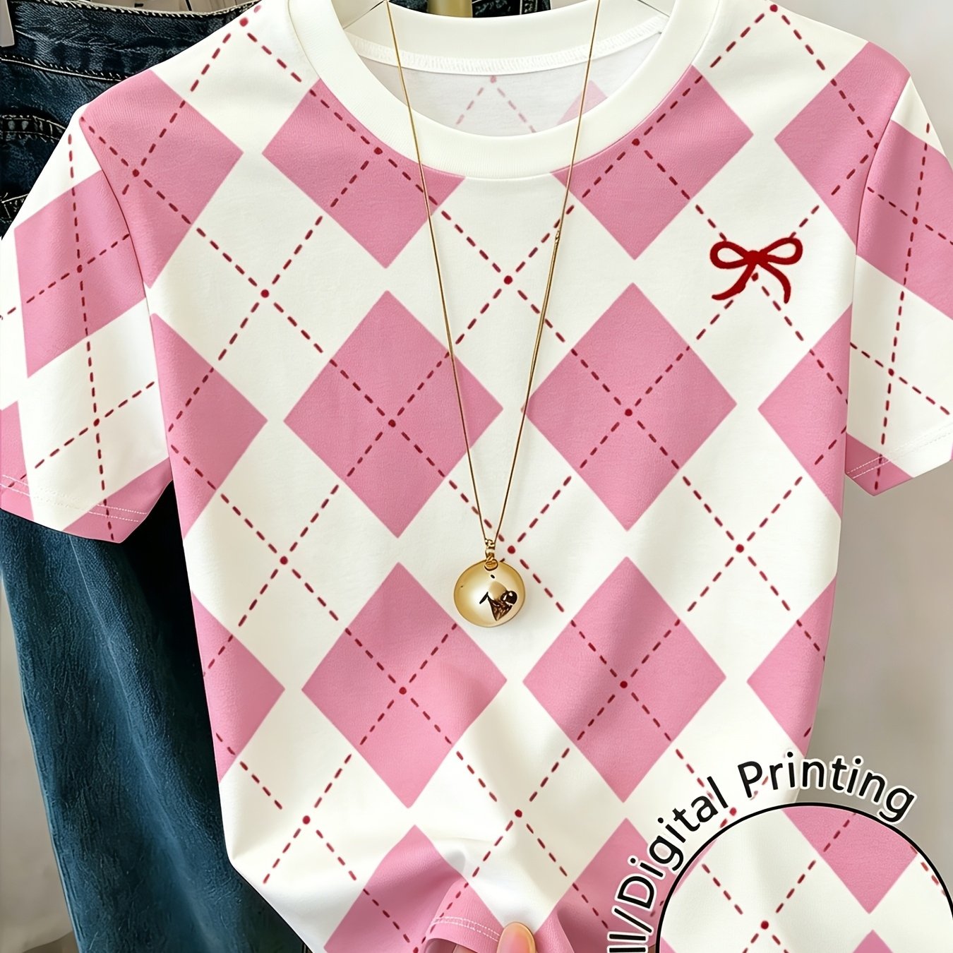 TEMU Plus Size, Summer New Arrival Pink And White Rhombus Print Short Sleeve T-shirt For Women, Cute Red Bow Accent Round Neck Top, Vintage Rhombus