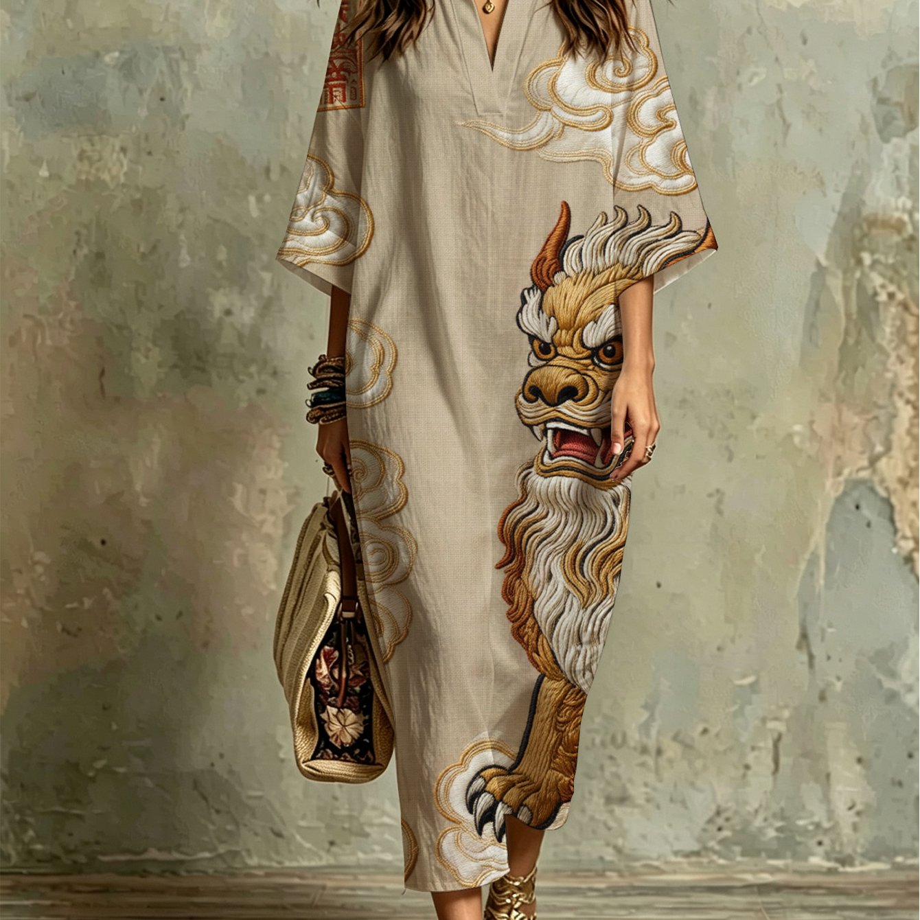 Image of Plus Size, Oriental Lion Embroidery Pattern Fashion Casual Kaftan Dress - Comfortable, Breathable, Stylish, Versatile For Beach Vacation, Summer Parties, Casual