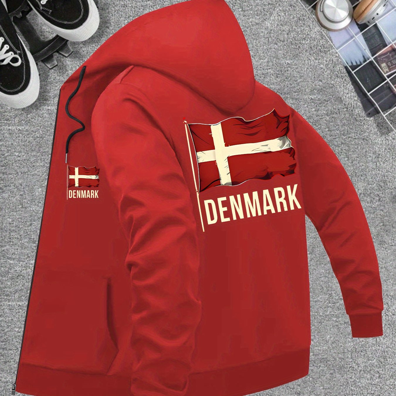 TEMU Men's Fashion Denmark National Emblem Heat Transfer Craft Windproof Hooded Jacket, Top Lightweight Clothing, Zipper Fashion Sports All-match