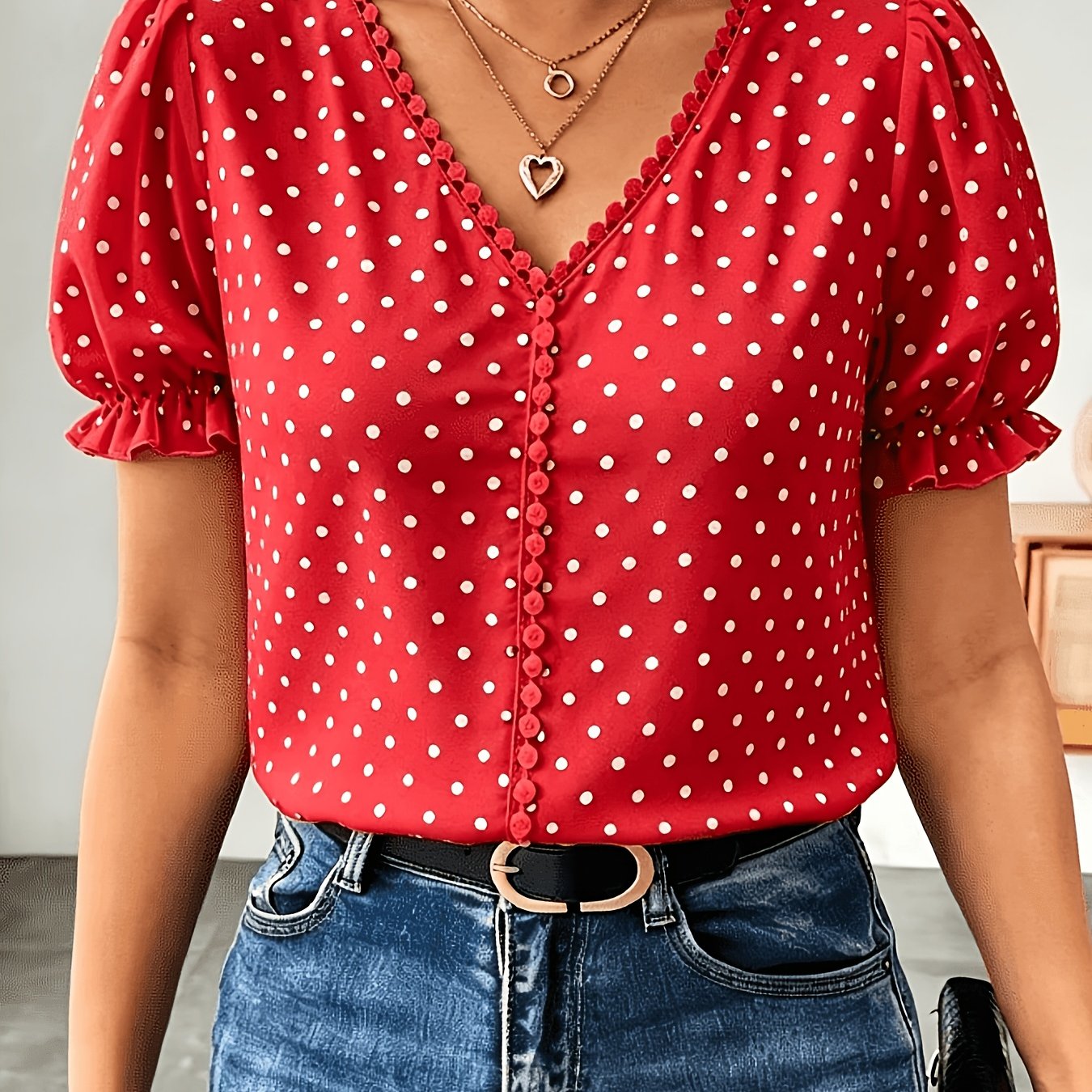 TEMU Smart Elegant Short Sleeve, Design, Summer Polka Dot V-neck Top, 1pc Beautiful Short Sleeve Top