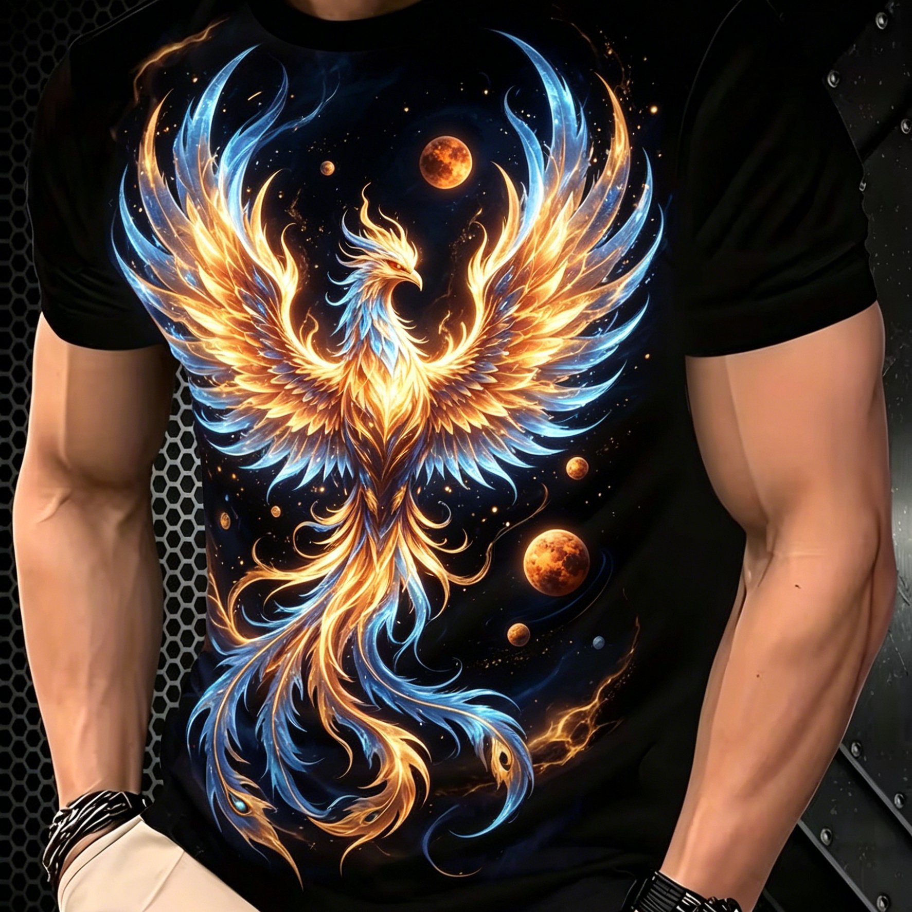 TEMU [printeddesign-nottextured]cool Galaxy Phoenix Print Men's T-shirt Plus Size Men's Short Sleeve T-shirt Plus Size Loose Fit Round Neck Casual