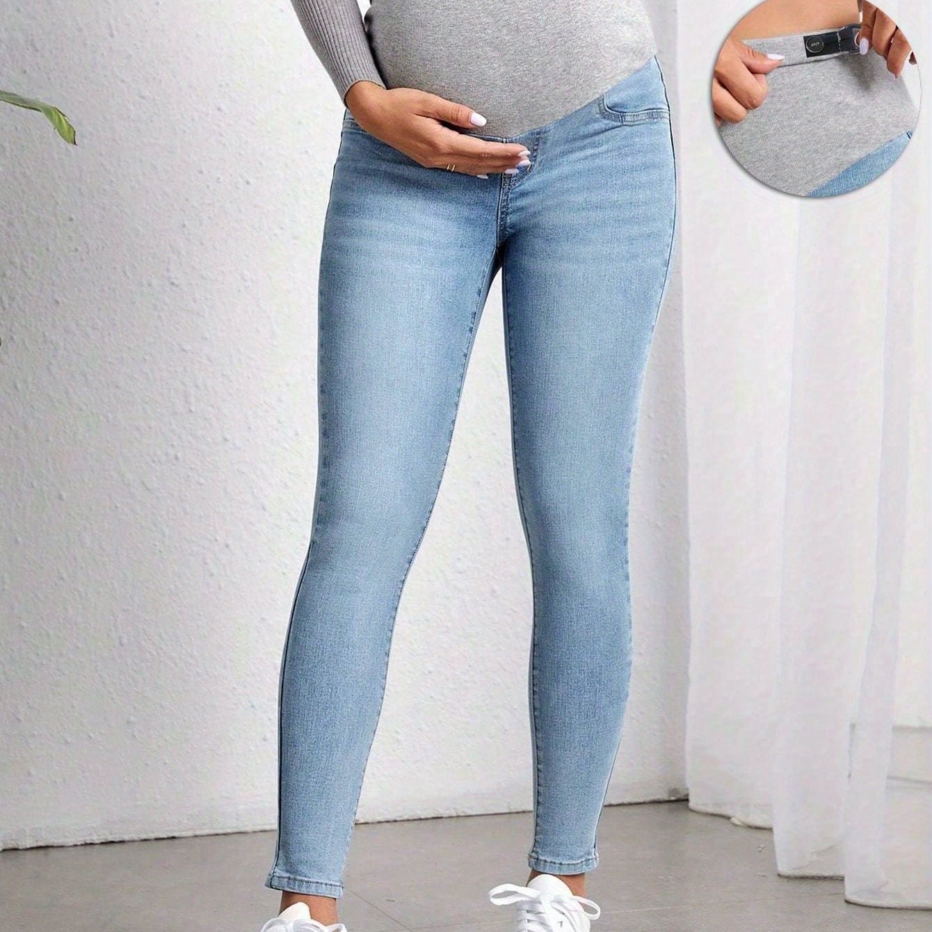 Pregnant Women's Contrast High-waist Tummy Support Adjustable Jeans -lifting Stretch Skinny Maternity Jeans