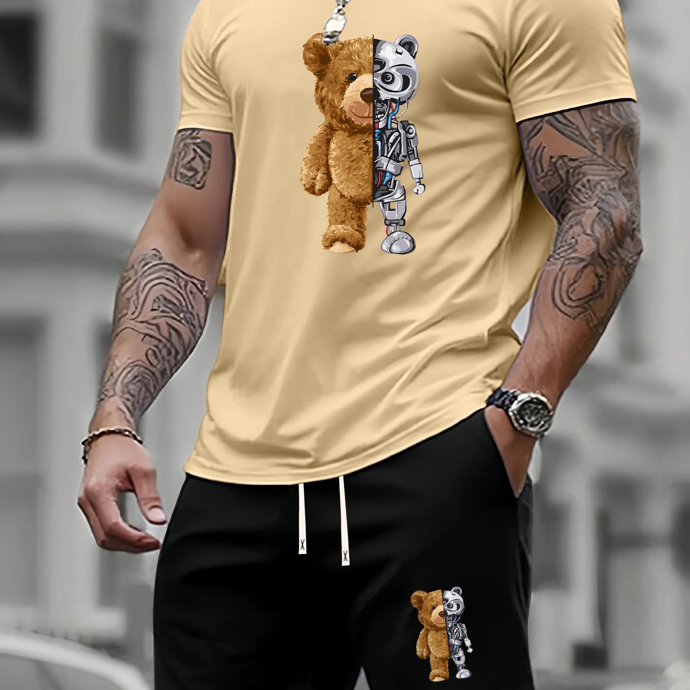TEMU Men's Summer Trendy Casual Two-piece Set, Men's Mechanical Bear Print Fashionable Sport Shirt Matching Outfit
