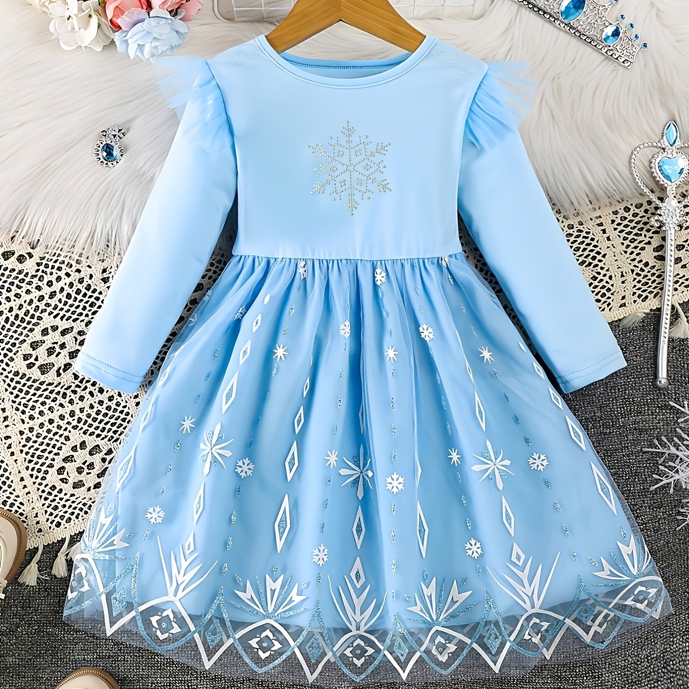 Image of Girl's Snowflake Tulle Skirt Blue Birthday Party Princess Dress Fluffy Tulle Dress Holiday Children's Dress Casual Dress