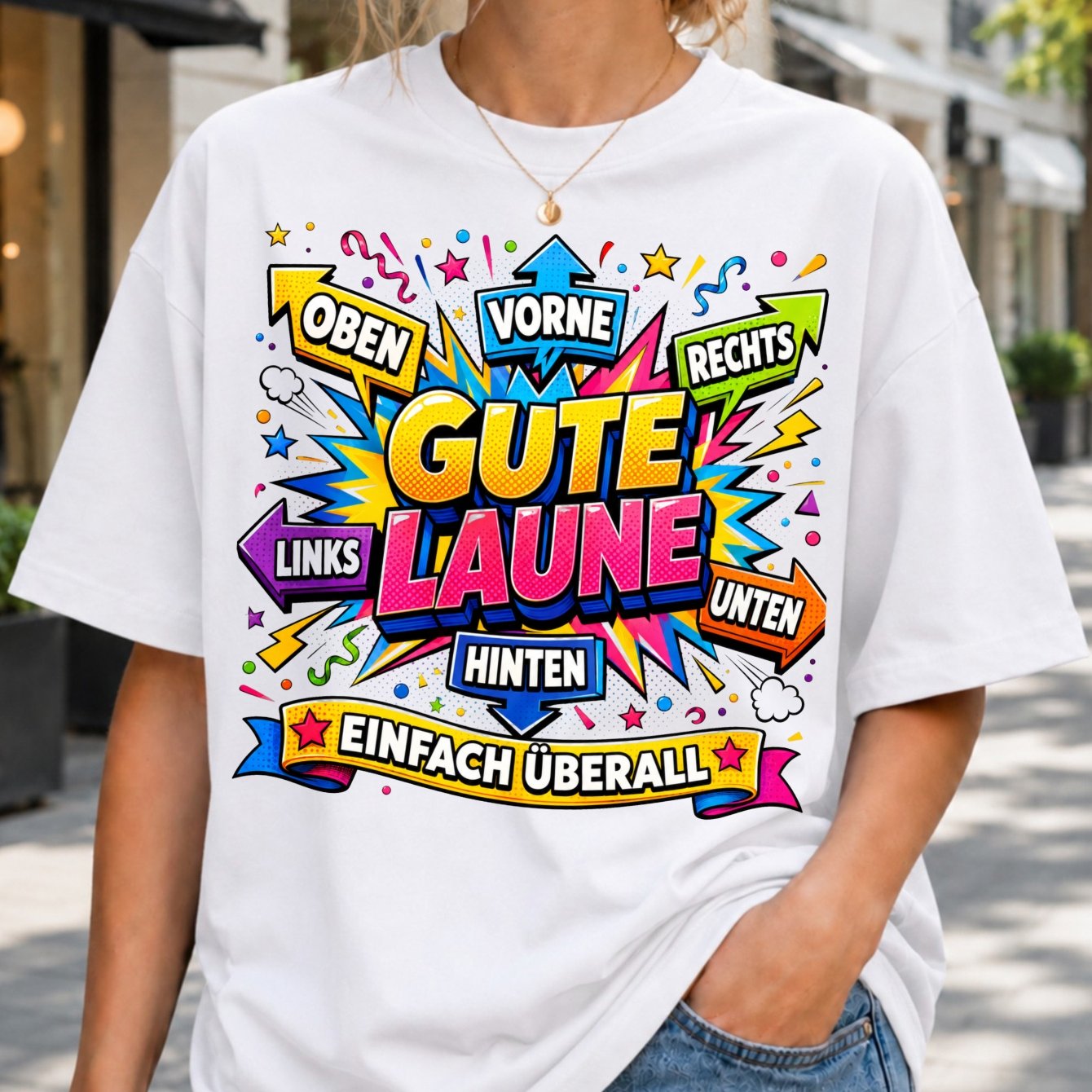 Image of Plus Size - Women's T-shirt With Comic Arrows, Confetti Stars German Mood Text In Vibrant