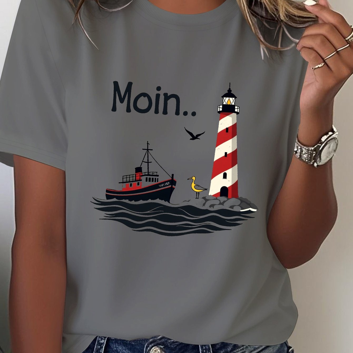 Image of Plus Size, Moin Maritime Illustration Reines Damen T-shirt Bequemer Sitz
