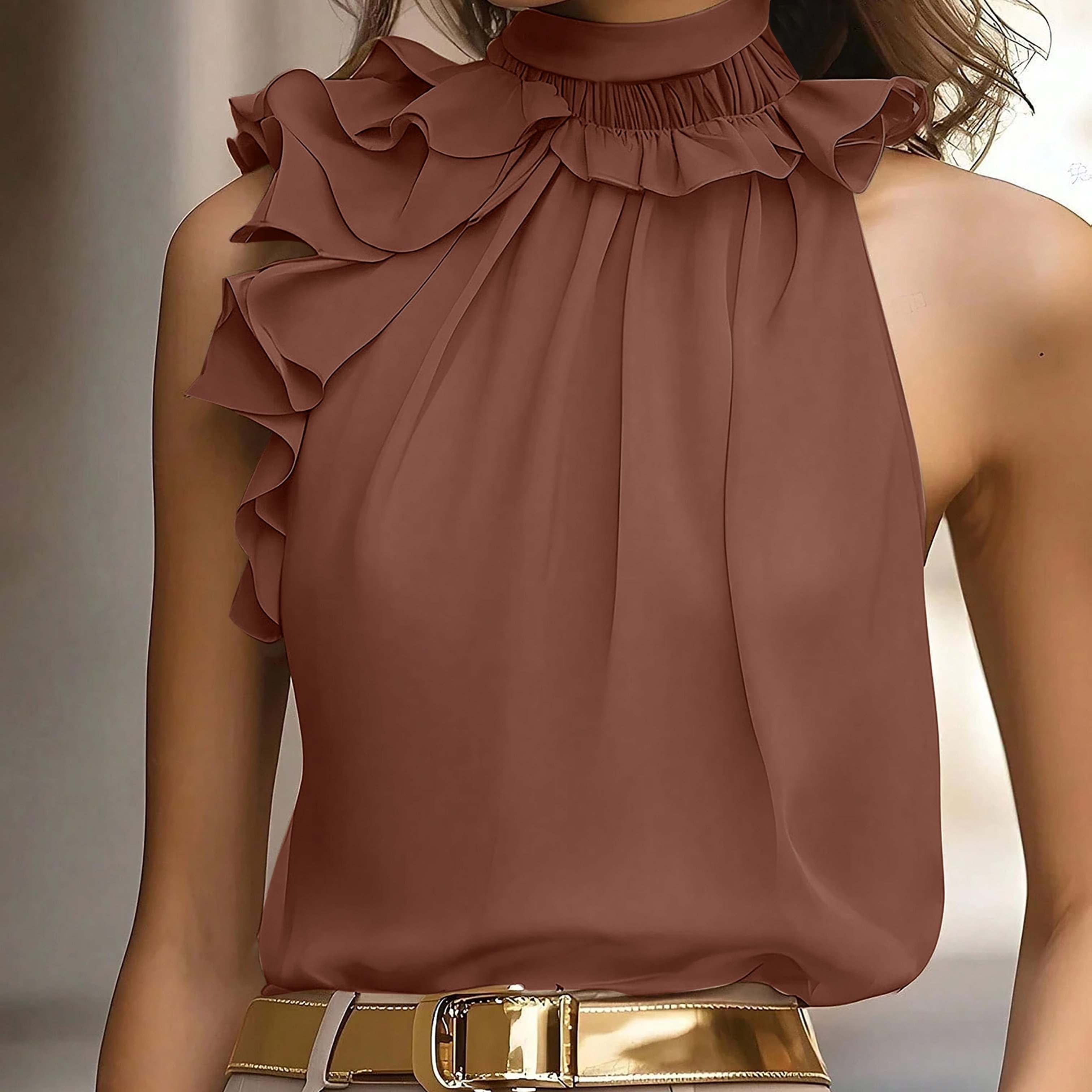 TEMU Fashionable Office Women' Color Halter Top, Versatile Pleated Halter For Daily Gatherings, Sleeveless Top Suitable For Spring And Autumn,