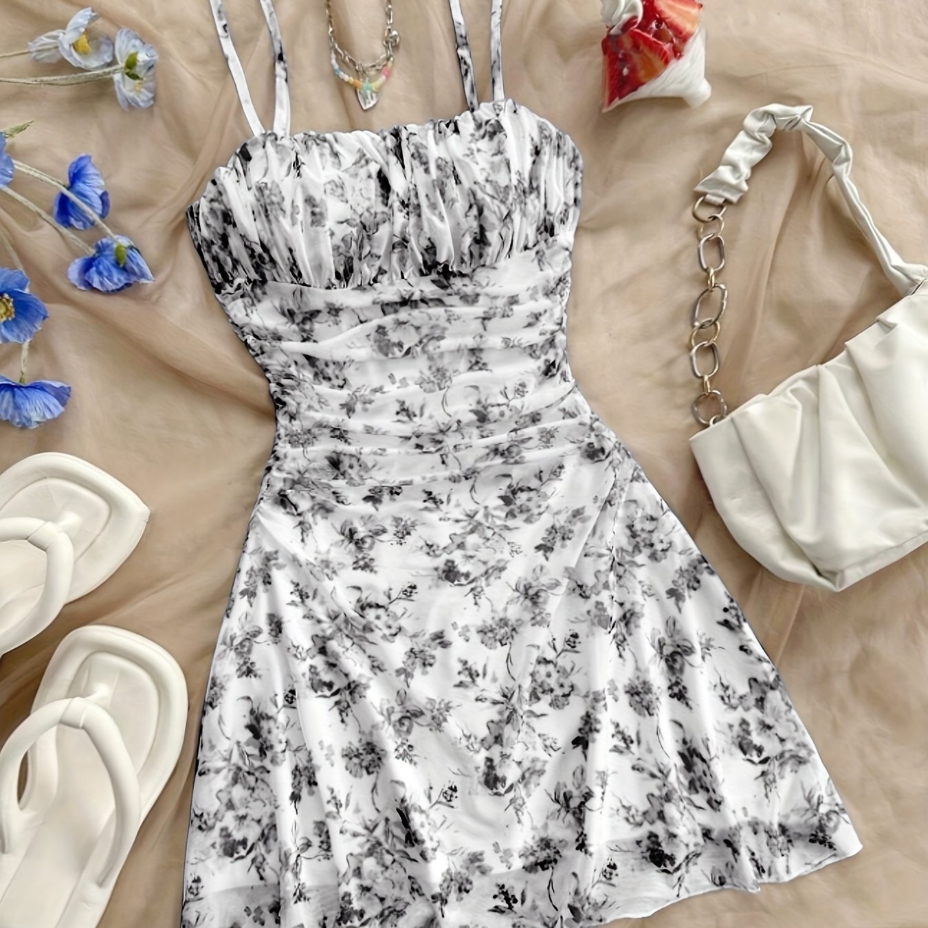 Image of Women's New Floral Print Halter Dress Fashionable Elegant Suitable For