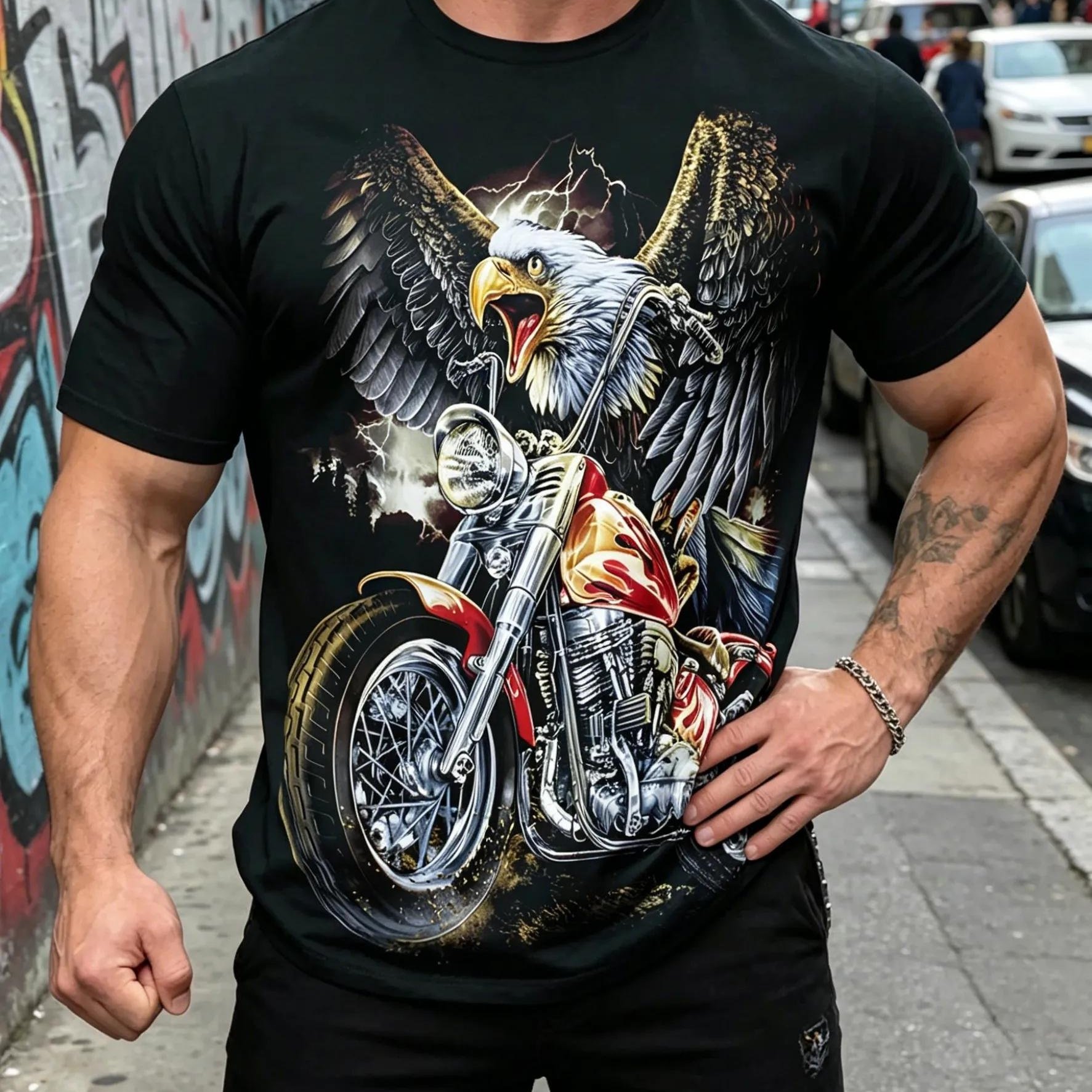 TEMU [Design Imprimé - Non Texturé] T-shirt Homme - Respirant, Confortable, Décontracté, Été, Manches Courtes, Col Rond avec Aigle Doré et Motif de