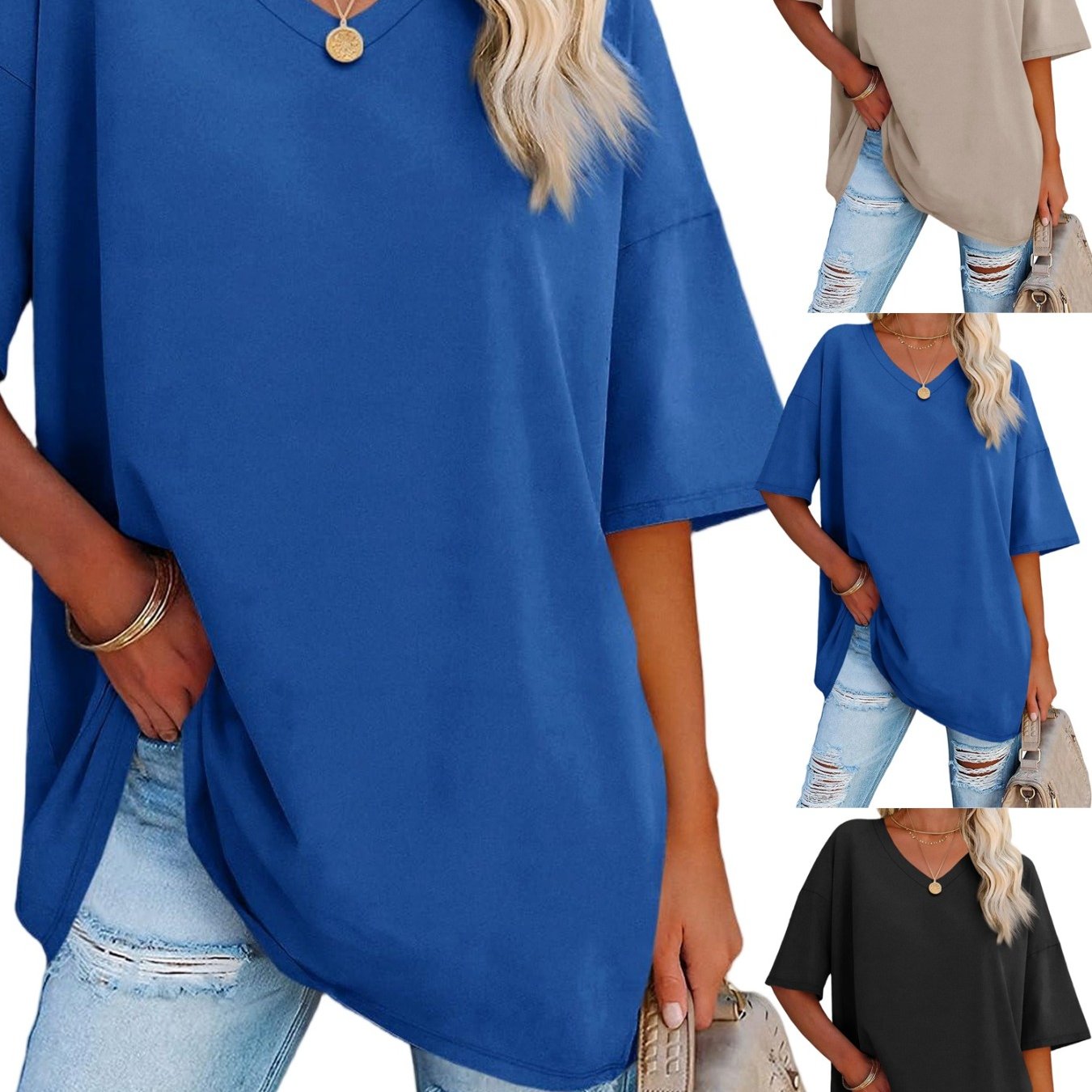 Image of Women's Daily Summer Oversized T-shirts V Neck Tee Shirts Half Sleeve Loose Fit T Shirt Tunic Tops