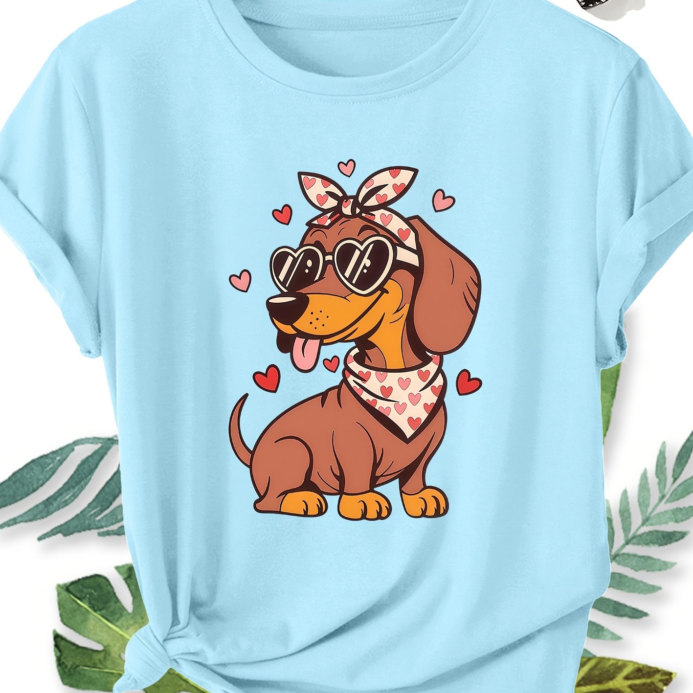 TEMU Women's Elegant Style Plus Size Loose Short Sleeve, Heart Glasses Dachshund Print Pattern Round Neck Women's Comfortable Soft Breathable Summer