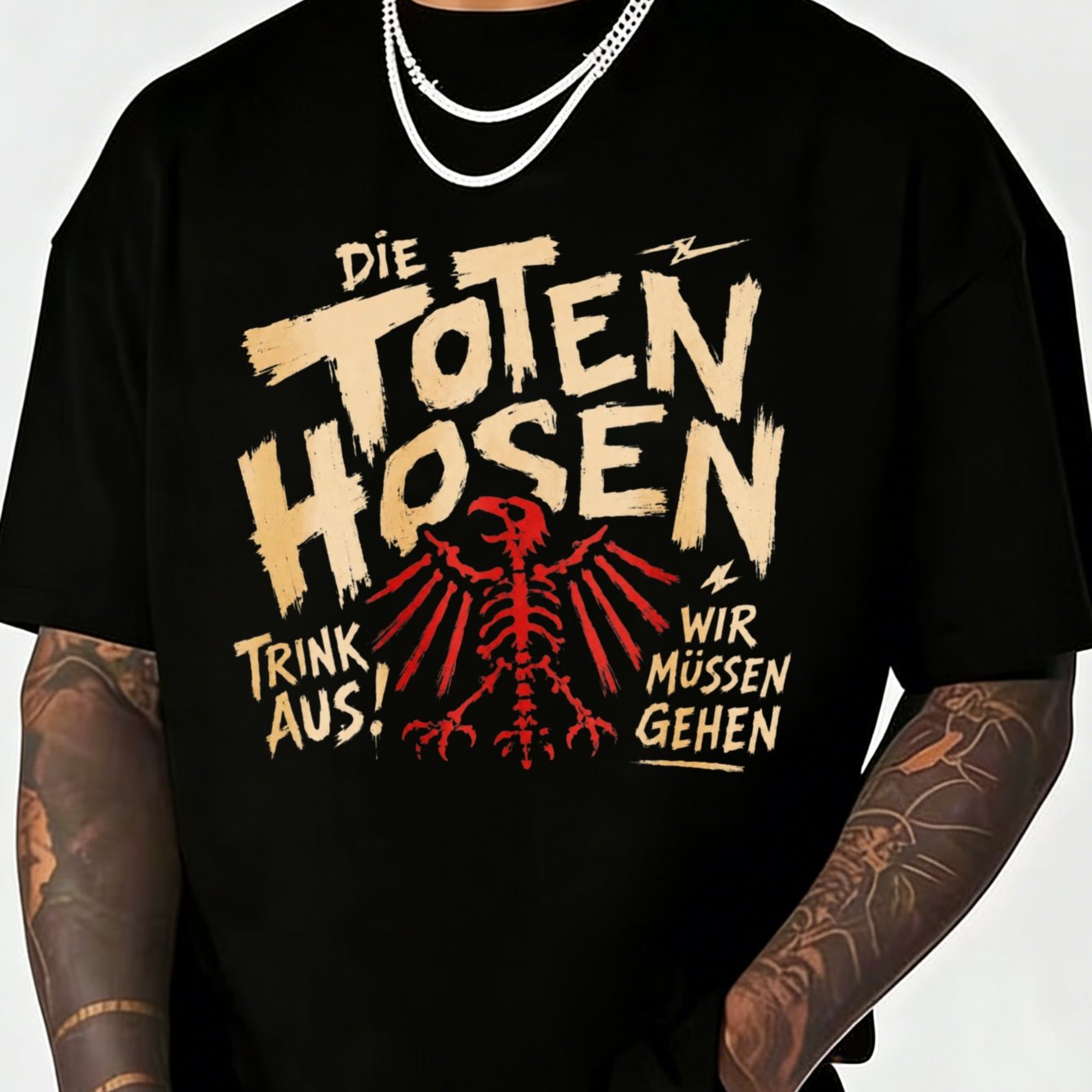 Image of German "di E To Te N Ho Sen Drink Up We Have To Go" With Red Skeletal Eagle And Rough Brush Style Punk T-shirt Unisex T-shirt
