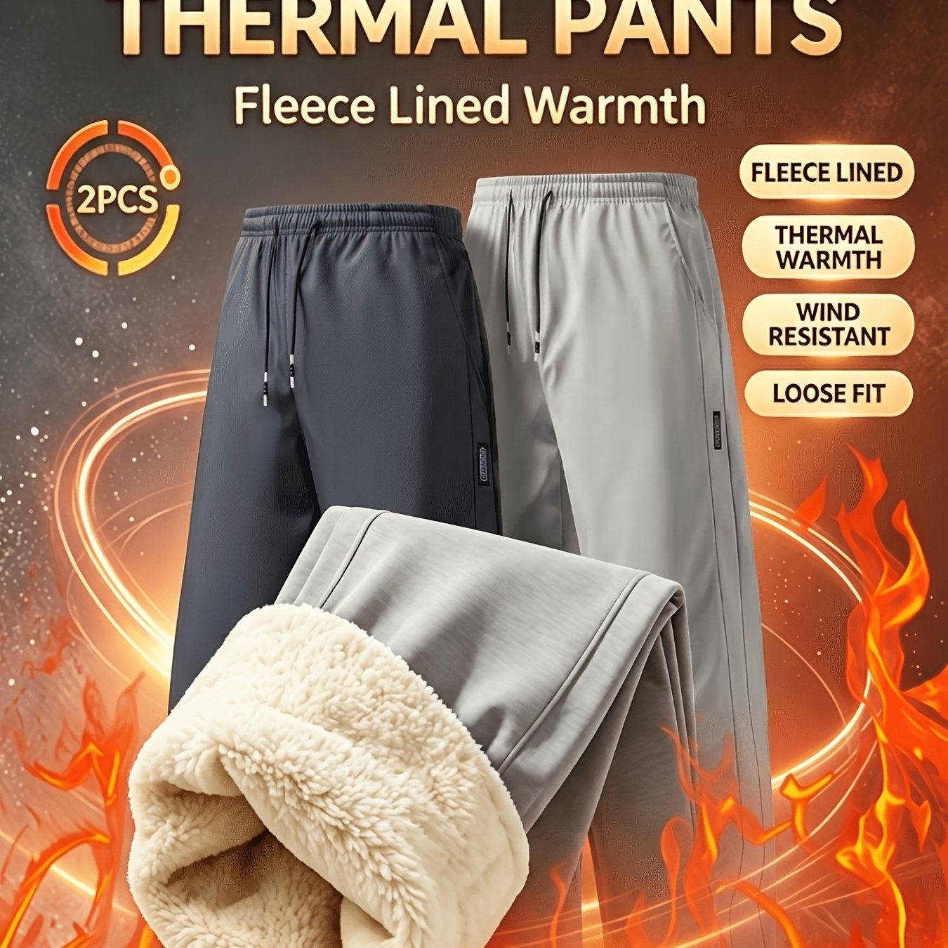 TEMU 2pcs Set Winter Men's Fleece Thick Windproof Wear-resistant Cold-proof Warm Loose Casual Athletic Long Pants