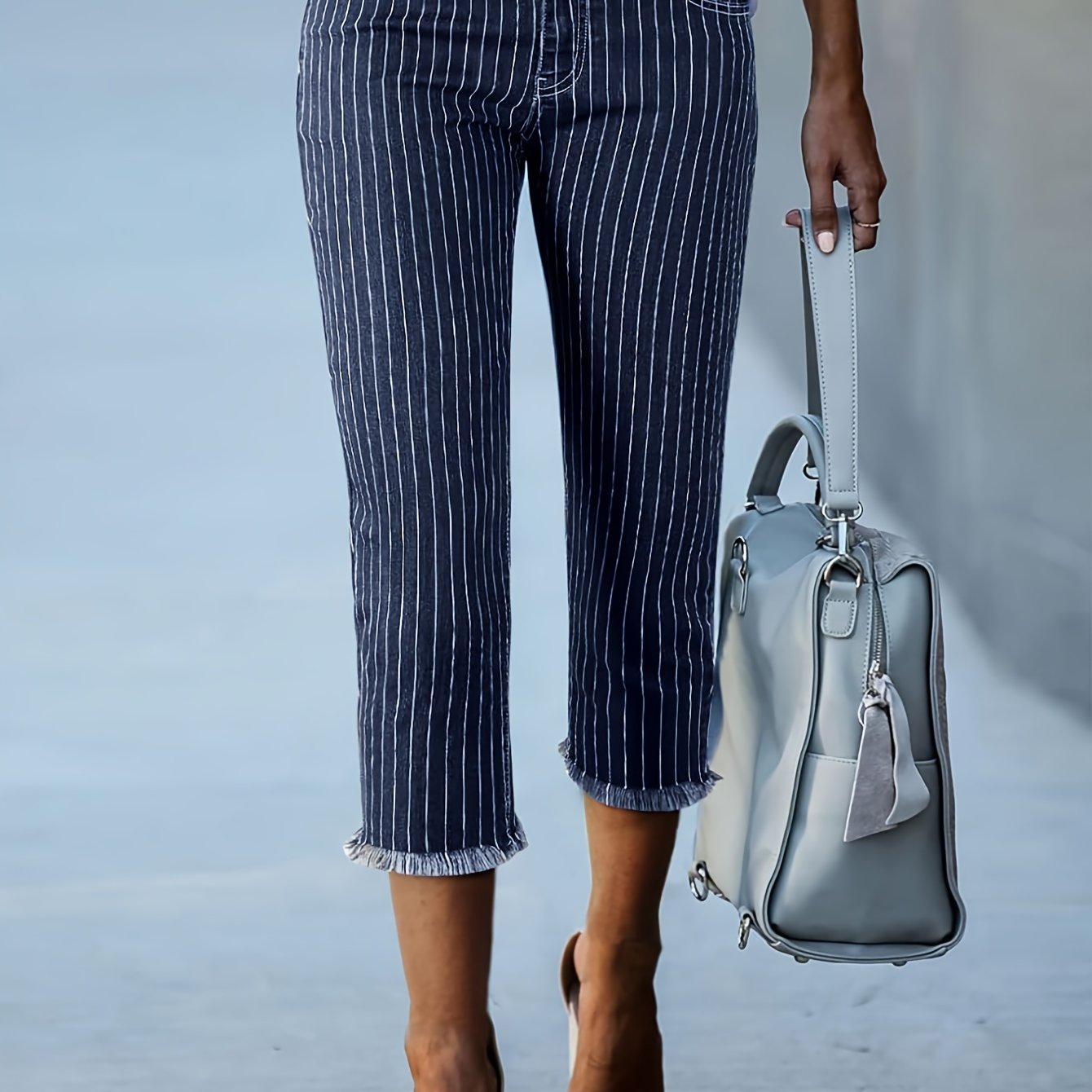 Image of Trendy New Women's Striped Bermuda Shorts, Design-driven Fashion Women's All-match Comfortable Women's Casual Pants Denim Jeans