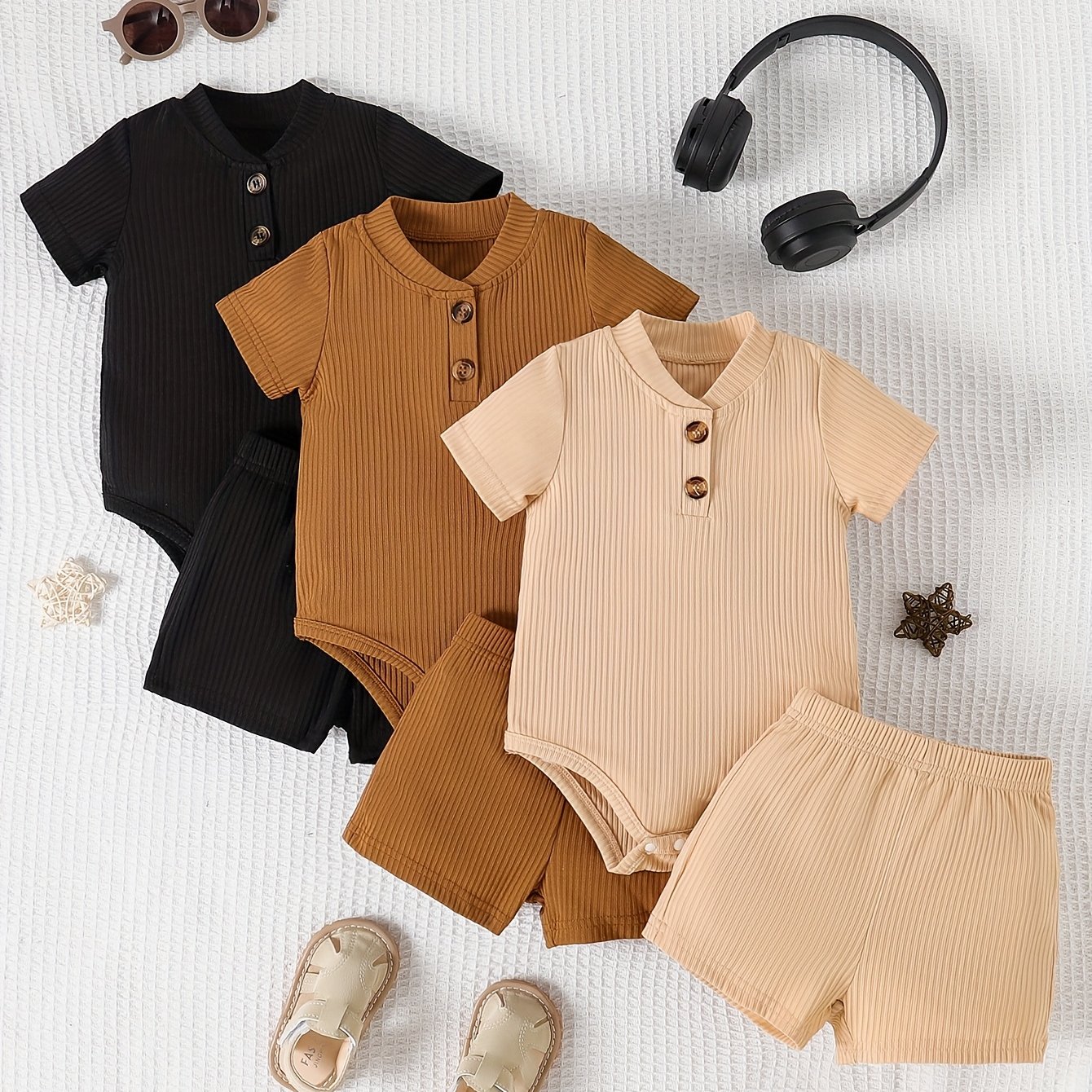 Image of 6pcs Baby Boy Summer And Comfortable Skin-friendly Breathable Short-sleeved Onesie Shorts Set, Perfect For Outdoor