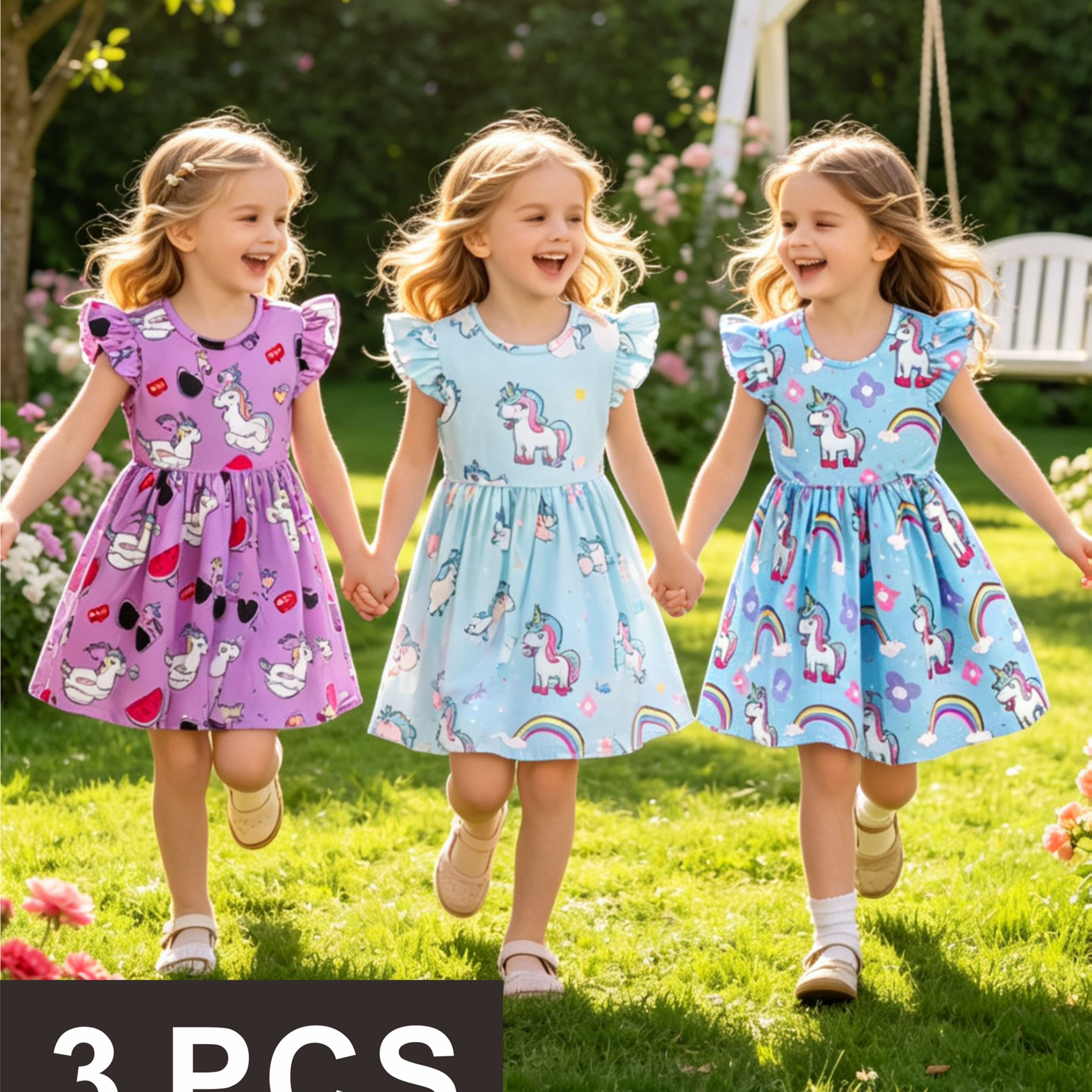 Image of 3pcs Girls' Cute Unicorn Print Dresses, Comfortable And Cool Summer Dresses, Suitable For Daily