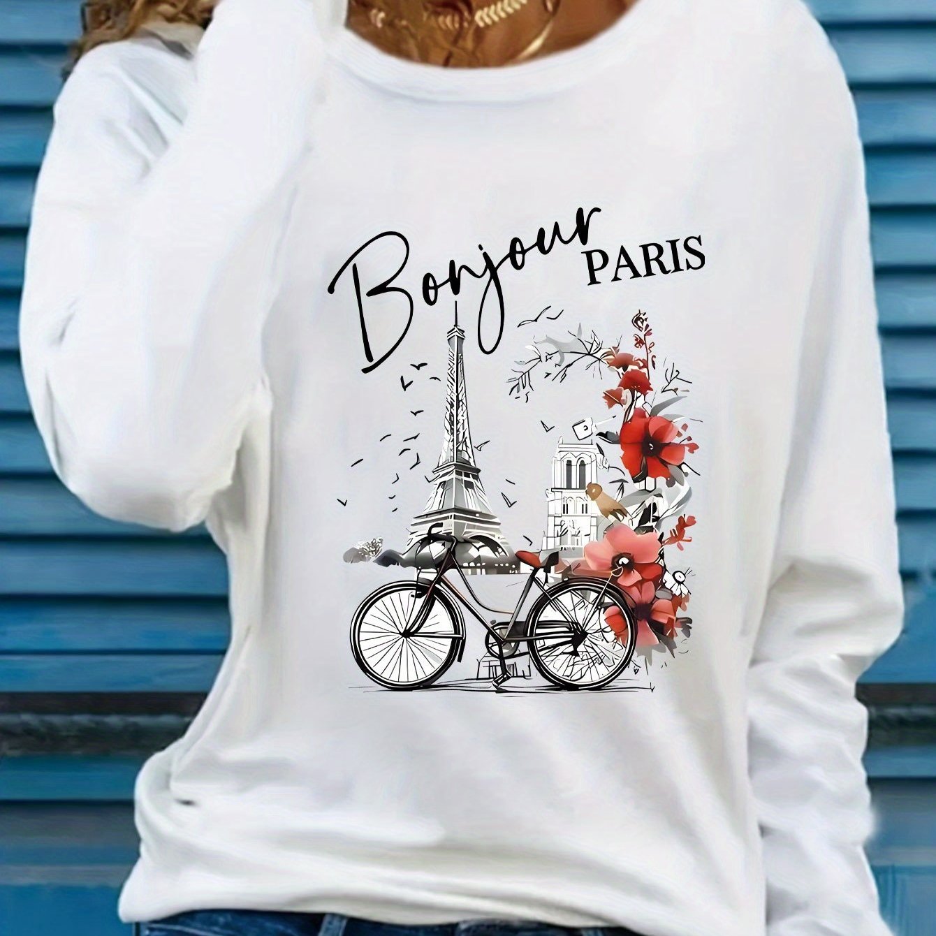 E-shop Damen Paris Print Langarm T-Shirt - Lebendiges Eiffelturm- und Blumen-Fahrrad-Design, Weicher, atmungsaktiver Stoff, Locker geschnittenes