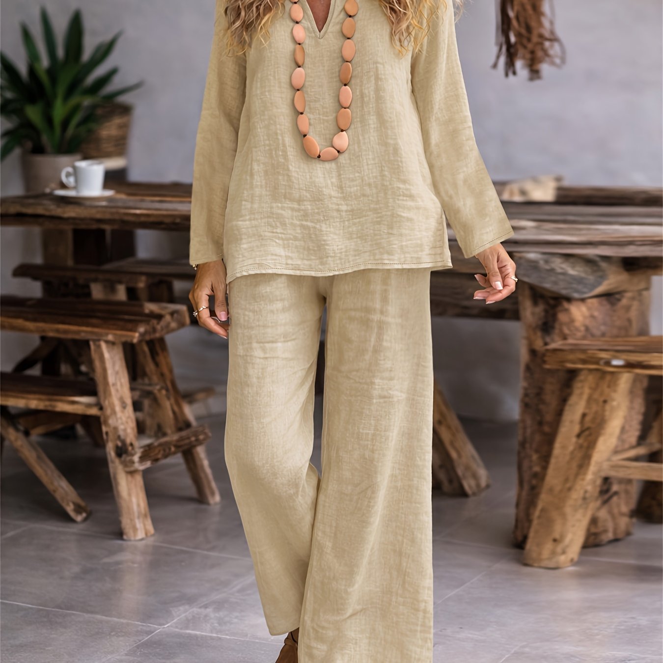 TEMU Women's Casual 2pcs Set: Solid Color Long-sleeve Shirt Top + Wide-leg Long Pants