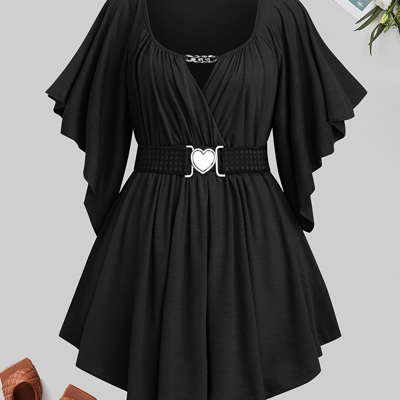 Valentine's Day Edition Women's Metallic Heart T-shirt, Casual Ruched Short Sleeve Belted Top, Spring/summer Dress