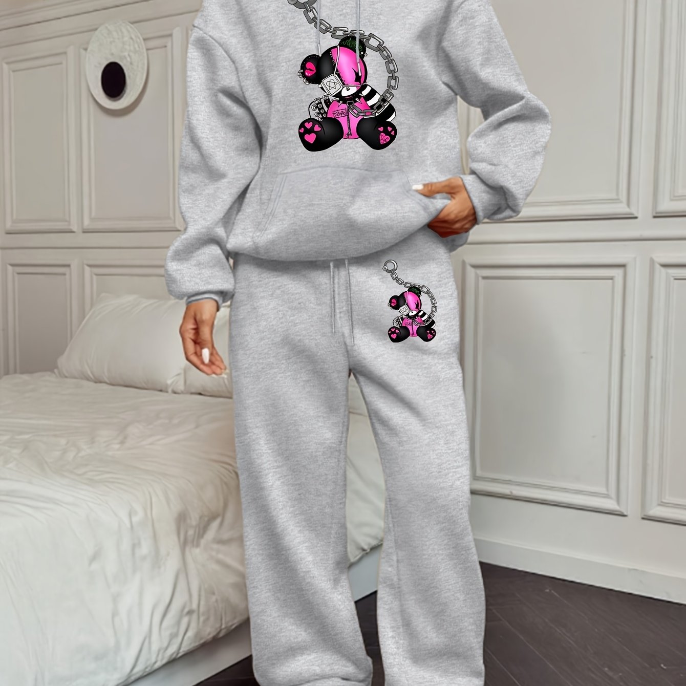 TEMU Conjunto de sudadera con capucha y pantalones de chándal con estampado de oso, moderno y casual para mujer