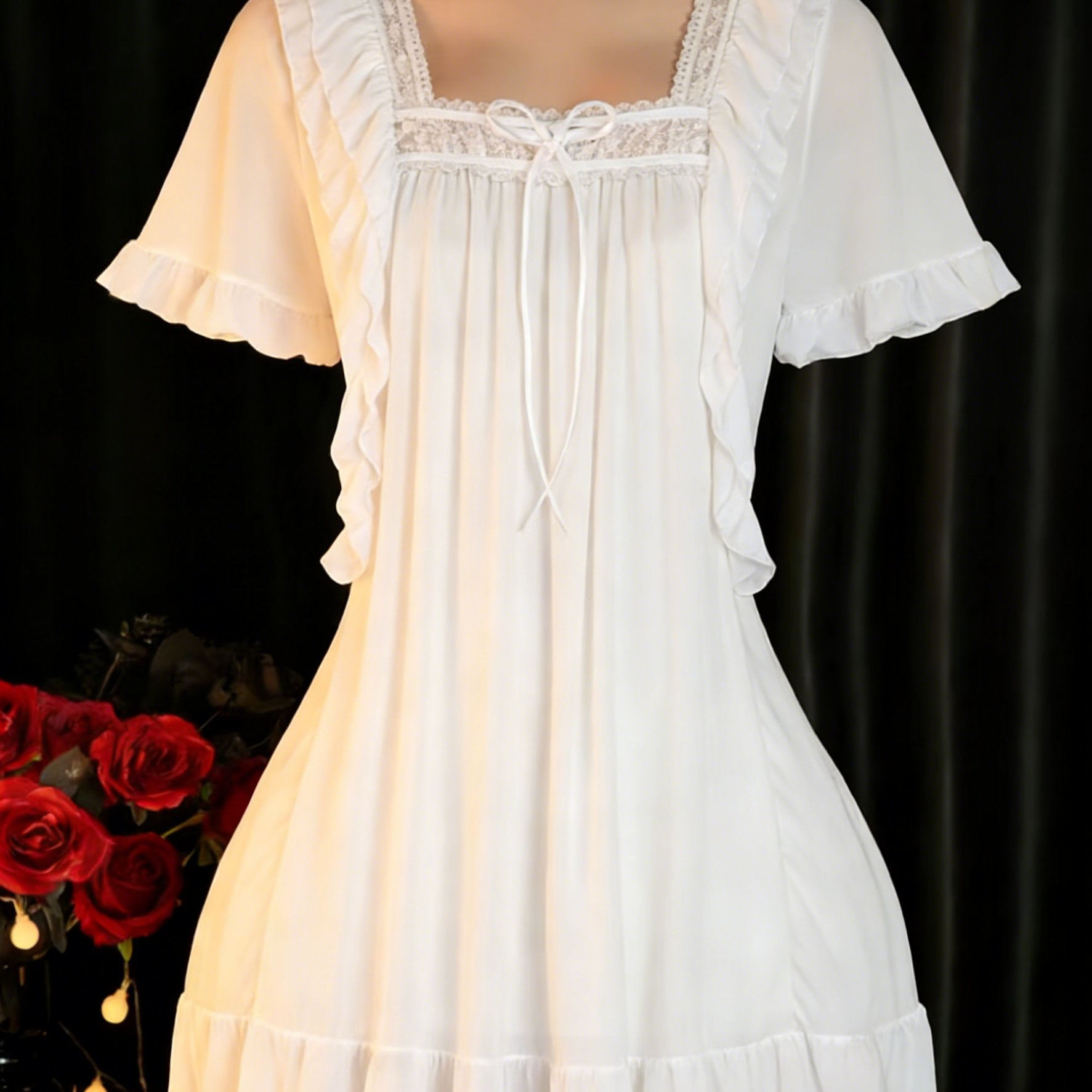 TEMU Chemise de nuit vintage en dentelle à volants et résille avec manches mi-longues, transparente, longue, vêtement de détente pour femme