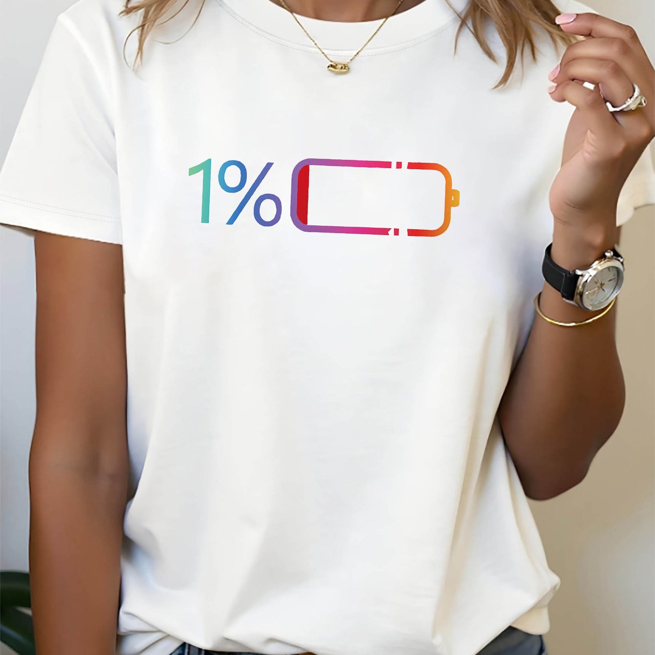 TEMU Women's Icon T-shirt - 1% Battery Graphic Print Short Sleeve Crew Neck Top, Casual Spring Summer Blouse Outfits Suitable For Parties, Vacations,