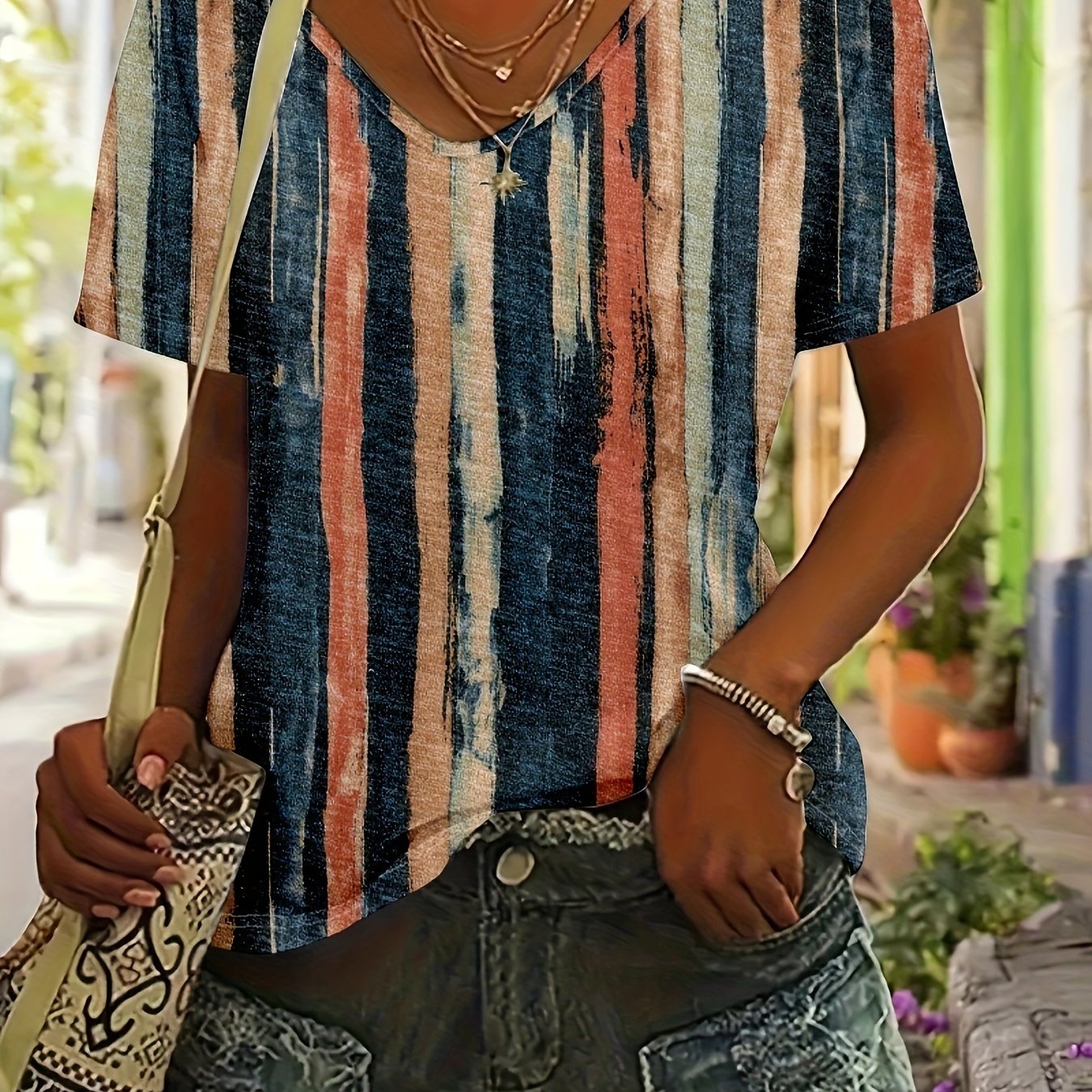 Women's Spring/summer Gray Striped Tie-dye Top