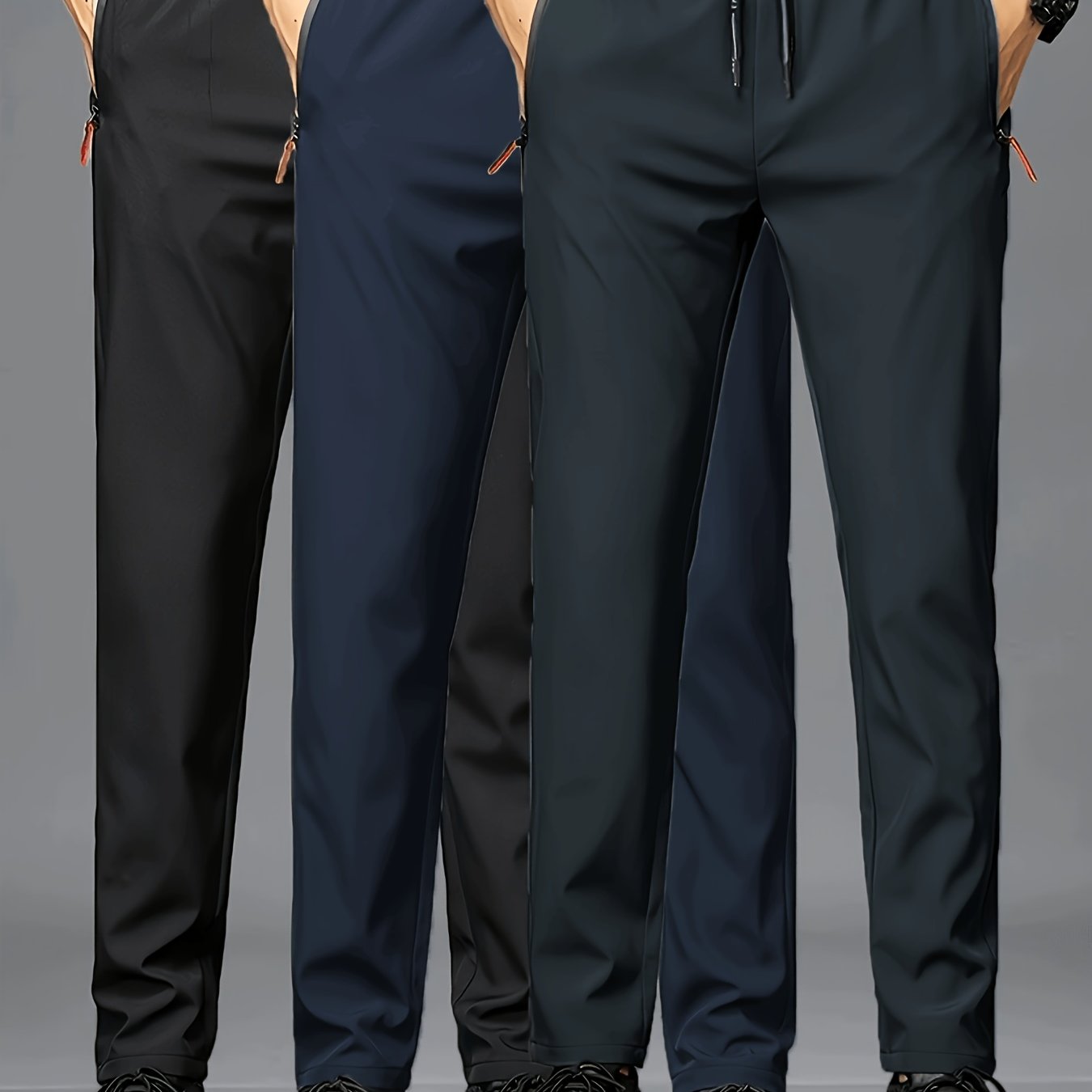 E-shop 3 Stück Herren Leichte Sport-Hosen mit Reißverschlusstaschen – Atmungsaktives , Kordelzugbund, Schwarz/Grau/, Casual Sommerkleidung, Ideales