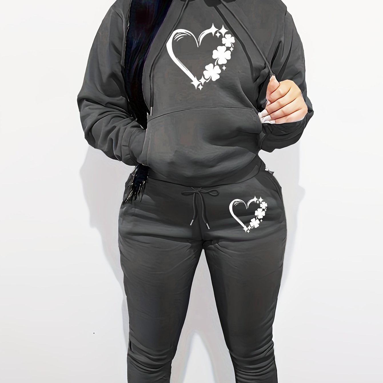 TEMU Cozy Heart Print Hoodie & Joggers Set For Women - Long Sleeve, Drawstring Waist With Pockets, Fall/winter