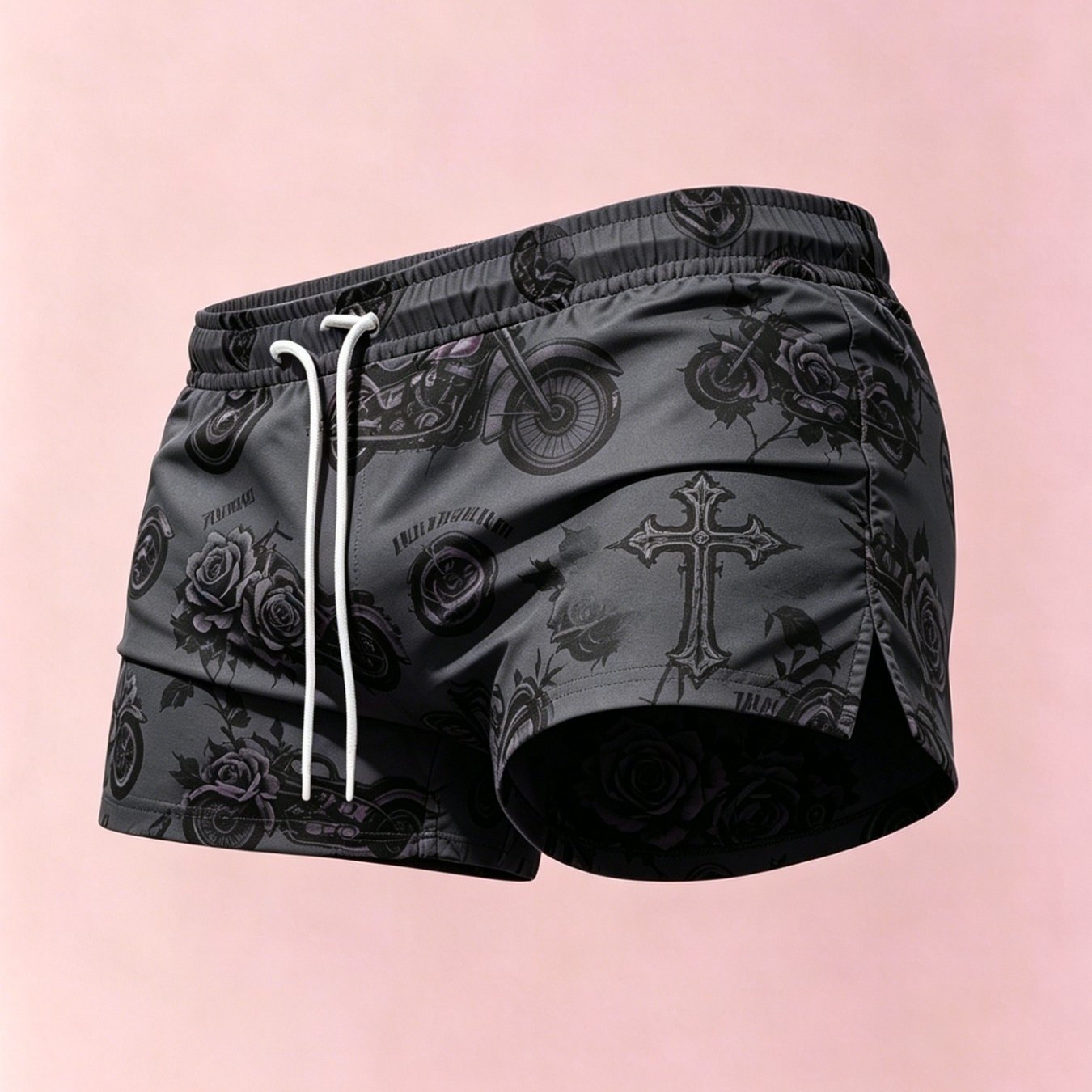 Image of New Arrival Men's Swim Trunks Dark Grey Background Motorcycle Rose And Cross Print Comfortable Breathable Beach Shorts Suitable For Vacation Travel Outfits Gift For Men