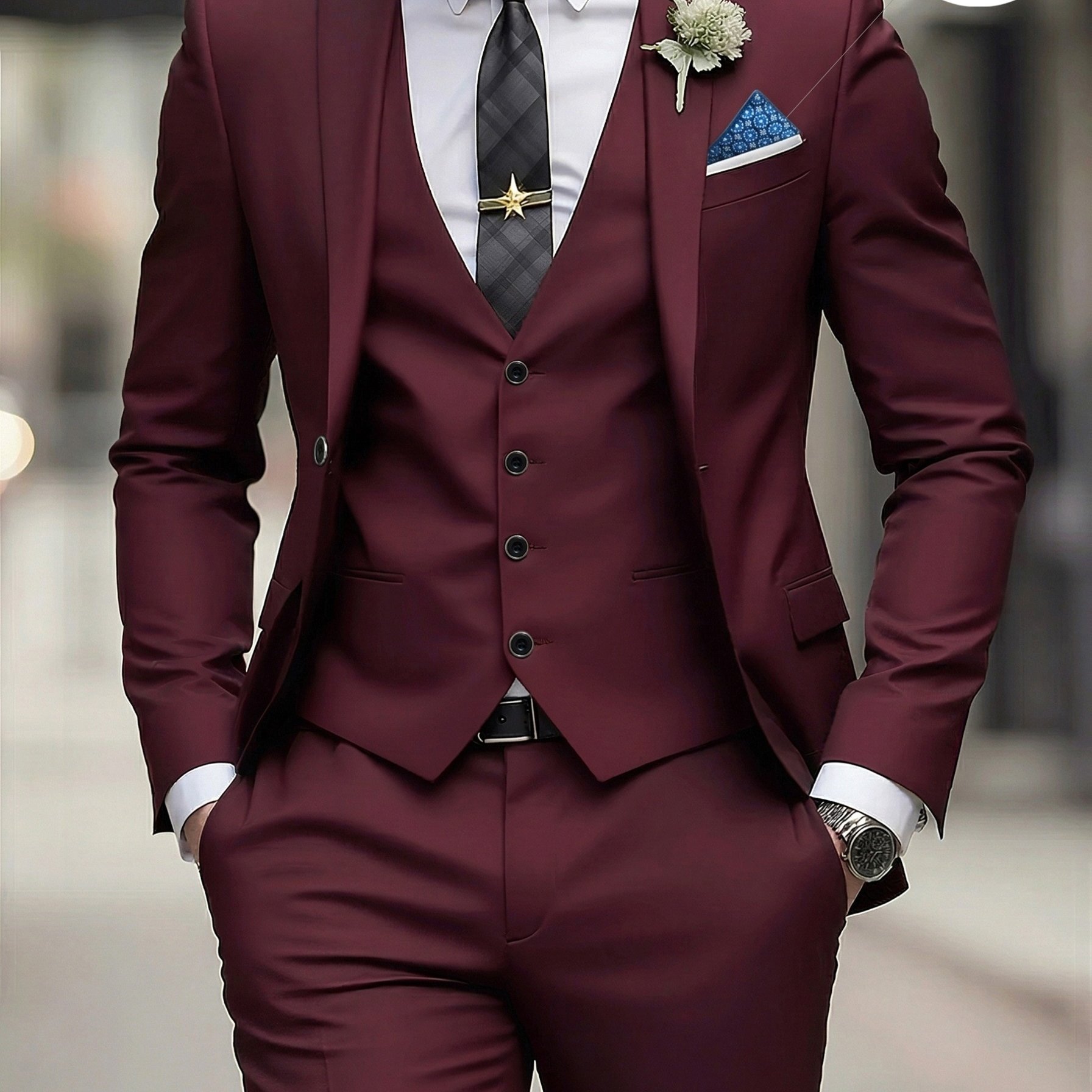 TEMU Men's 3pcs Suit Set, Including Suit Jacket, Vest, And Trousers, Stylish And High-quality, Suitable For Weddings, Parties, Or Formal Events. With