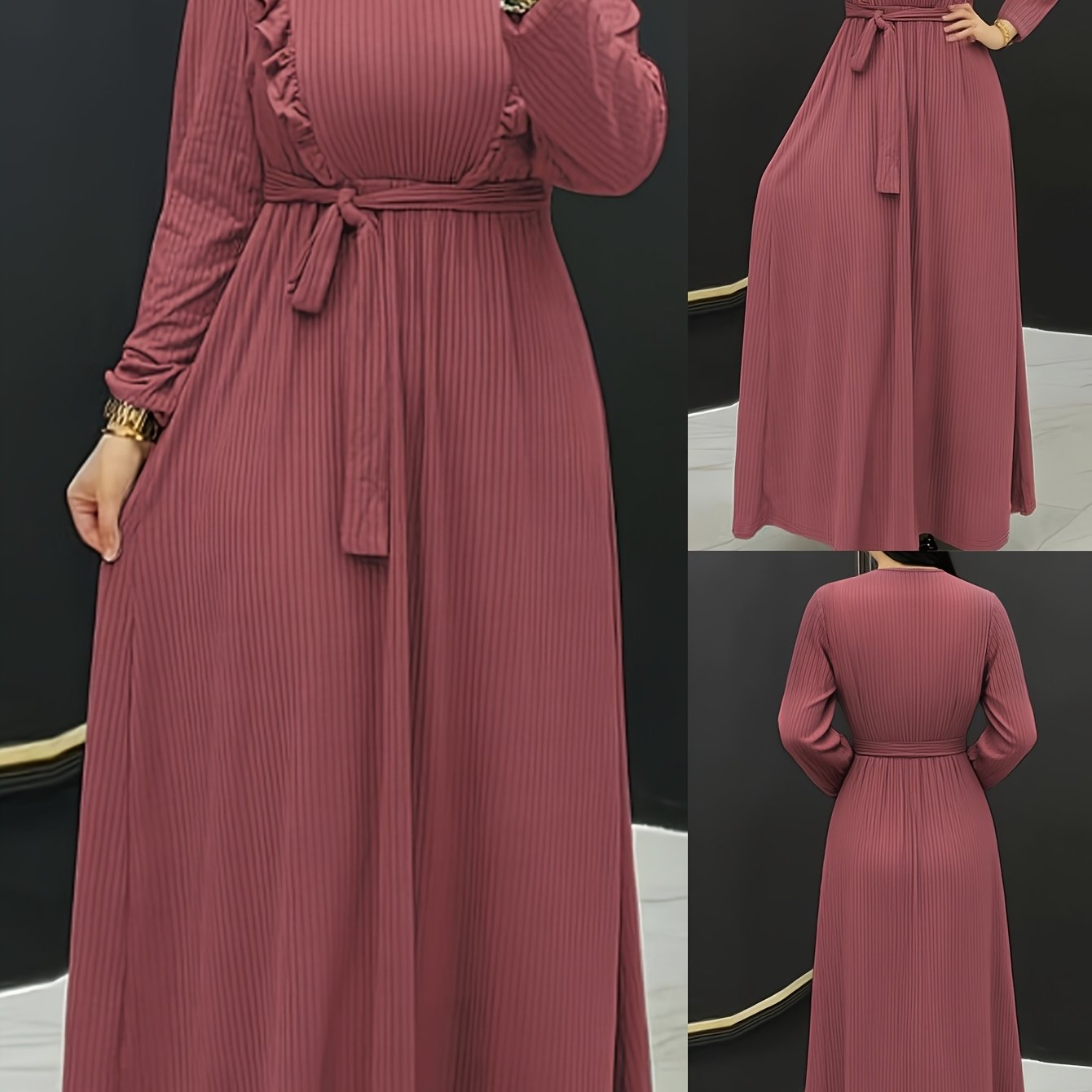 Women's Fashion Elegant Solid Color Long Sleeve Round Neck Middle Eastern Long Dress