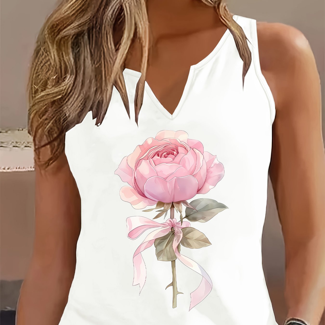 TEMU (052#) Women's Fashion Lightweight Tank Top, V-neck Sleeveless Vest With Pink Rose Print, Comfortable And Breathable, Versatile Everyday Top