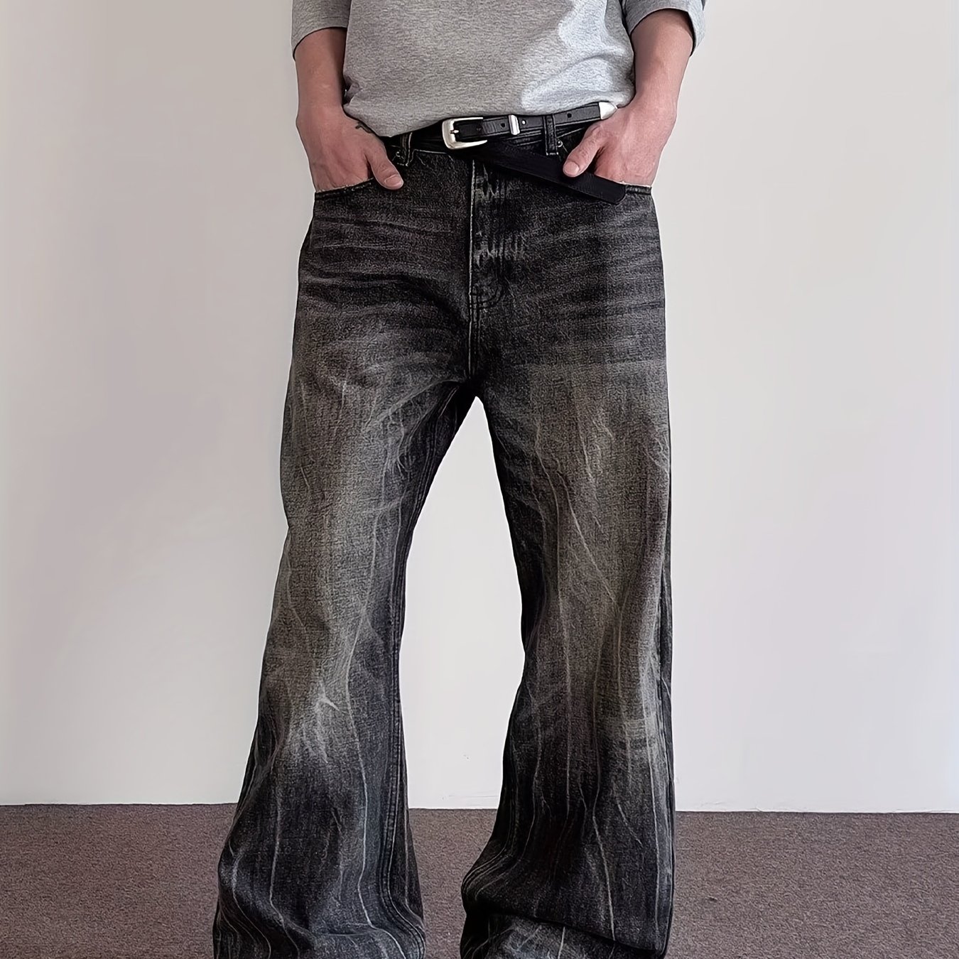 Image of Lightning Print Extended Slim-tapered Jeans For Tall Men, New Washed Vintage Straight-leg Slimming Cool And Trousers