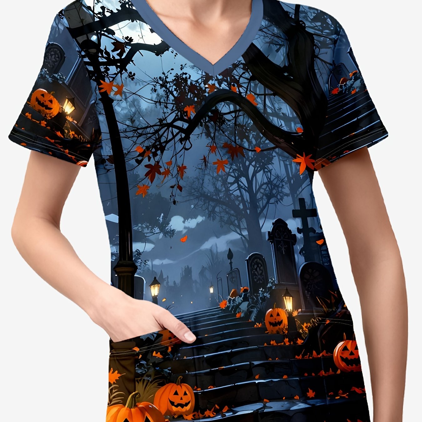 TEMU 1pc Uniforme d'infirmière pour femmes, Impression intégrale, Base blanche, 2 poches, Col en V, Halloween Cimetière Citrouille Imprimé Lanterne