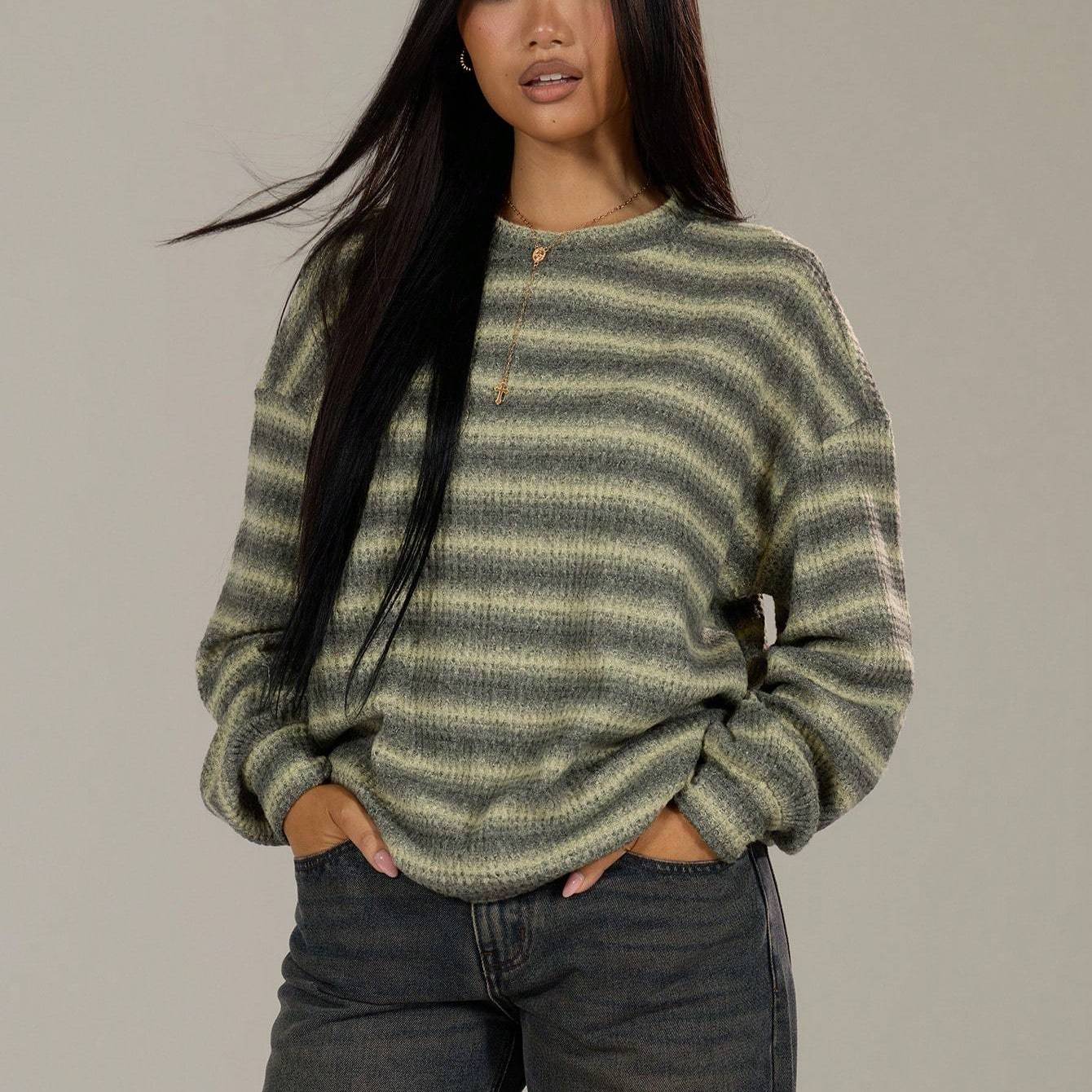 Oversized Crew Neck Striped Pullover Spring Casual 90s Airport Apparel Autumn