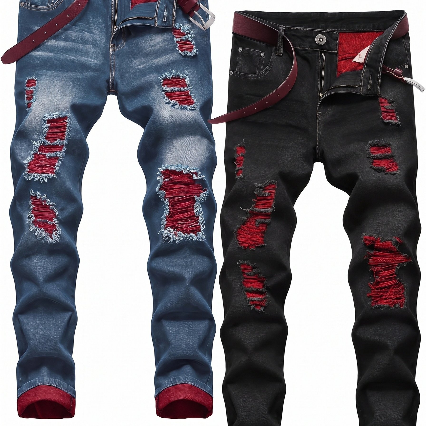 TEMU Style Two-pack Men's Jeans: Trendy Ripped Jeans, Black Retro Colorful Casual Pants, Perfect Valentine's Day Gift