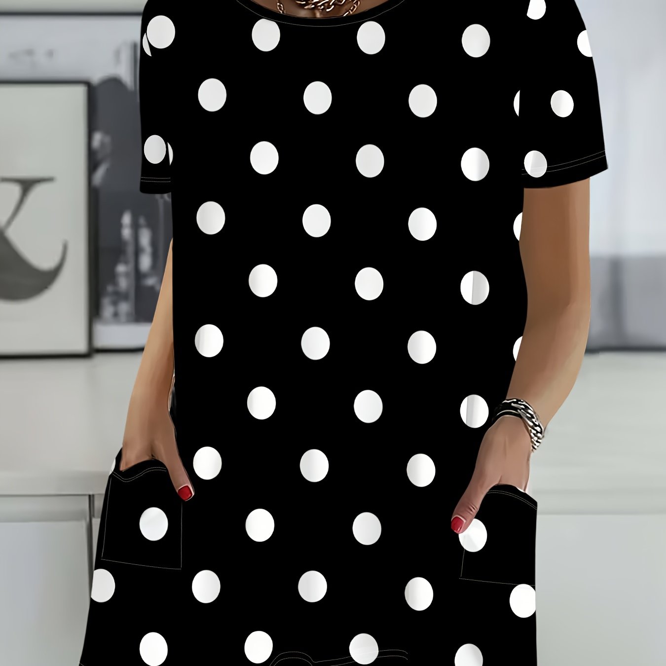 TEMU Women's Black Polka Dot Short Sleeve T-shirt, Loose Fit, Versatile, Fashionable, Casual Summer Top, New Arrival, Comfortable Women's Clothing