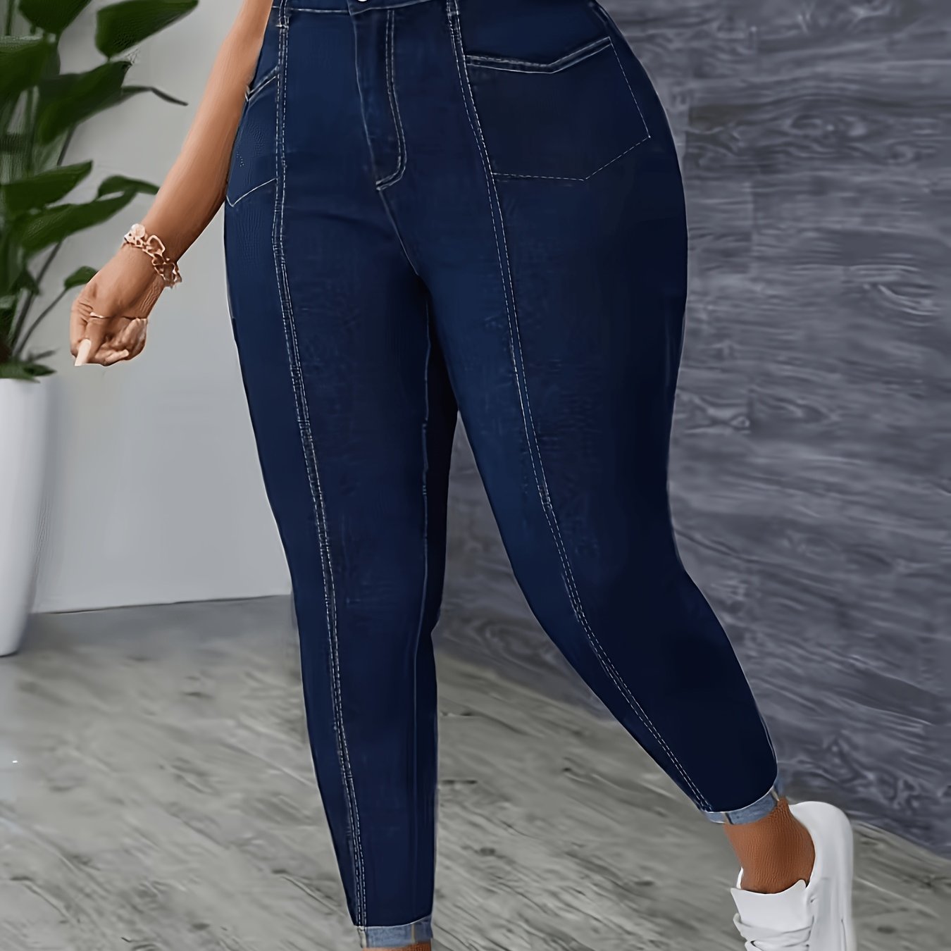 TEMU Plus Size, [printed Pants - Not Denim Fabric] Women's Plus-size Blue Denim Leggings - High-elastic Tight Shapewear Pants With Denim Print,