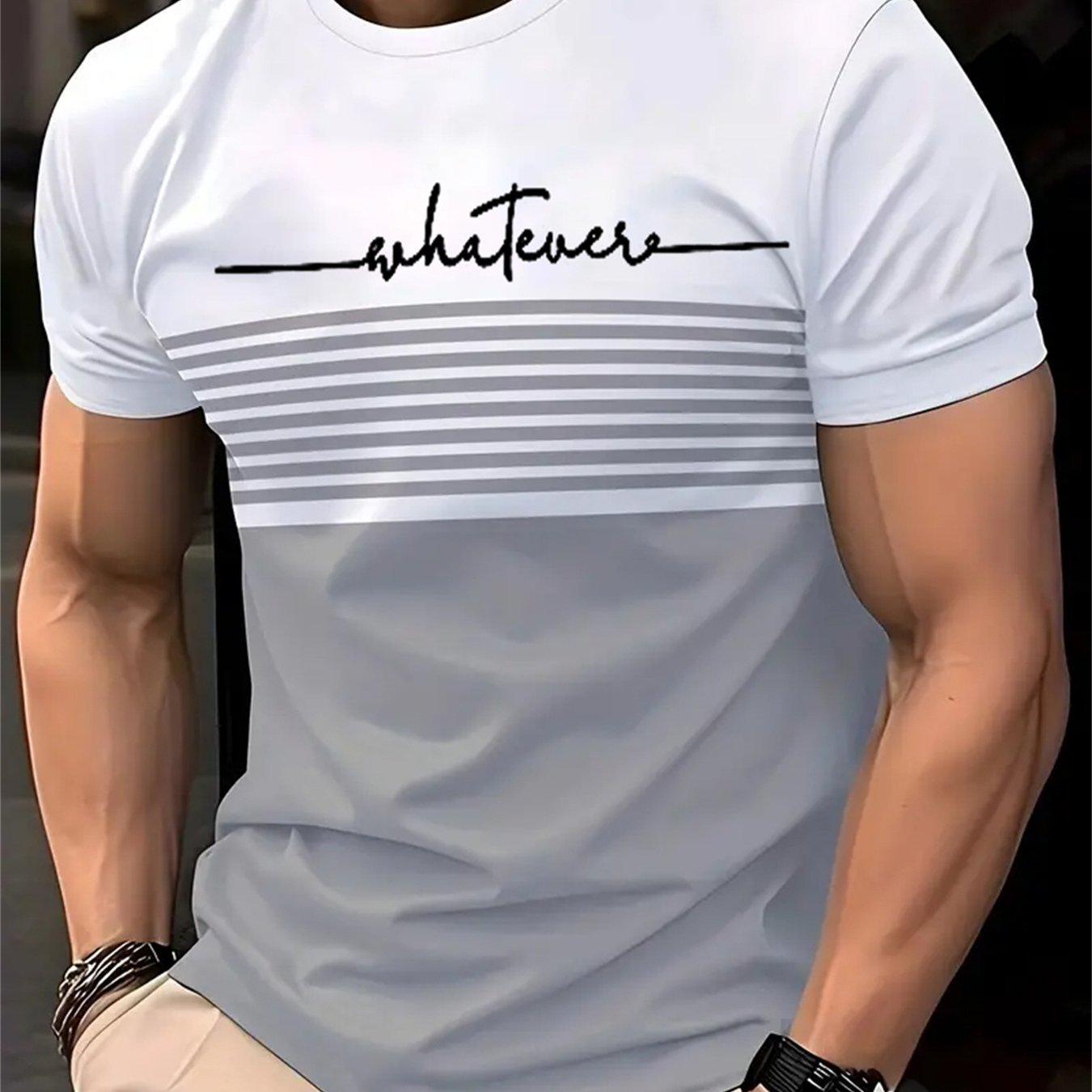 Image of Summer Outdoor T-shirt With 3d Printed Gradient Text, Crew Neck T-shirt For Men, Fashionable Casual Short-sleeve Top, Men's Striped T-shirt