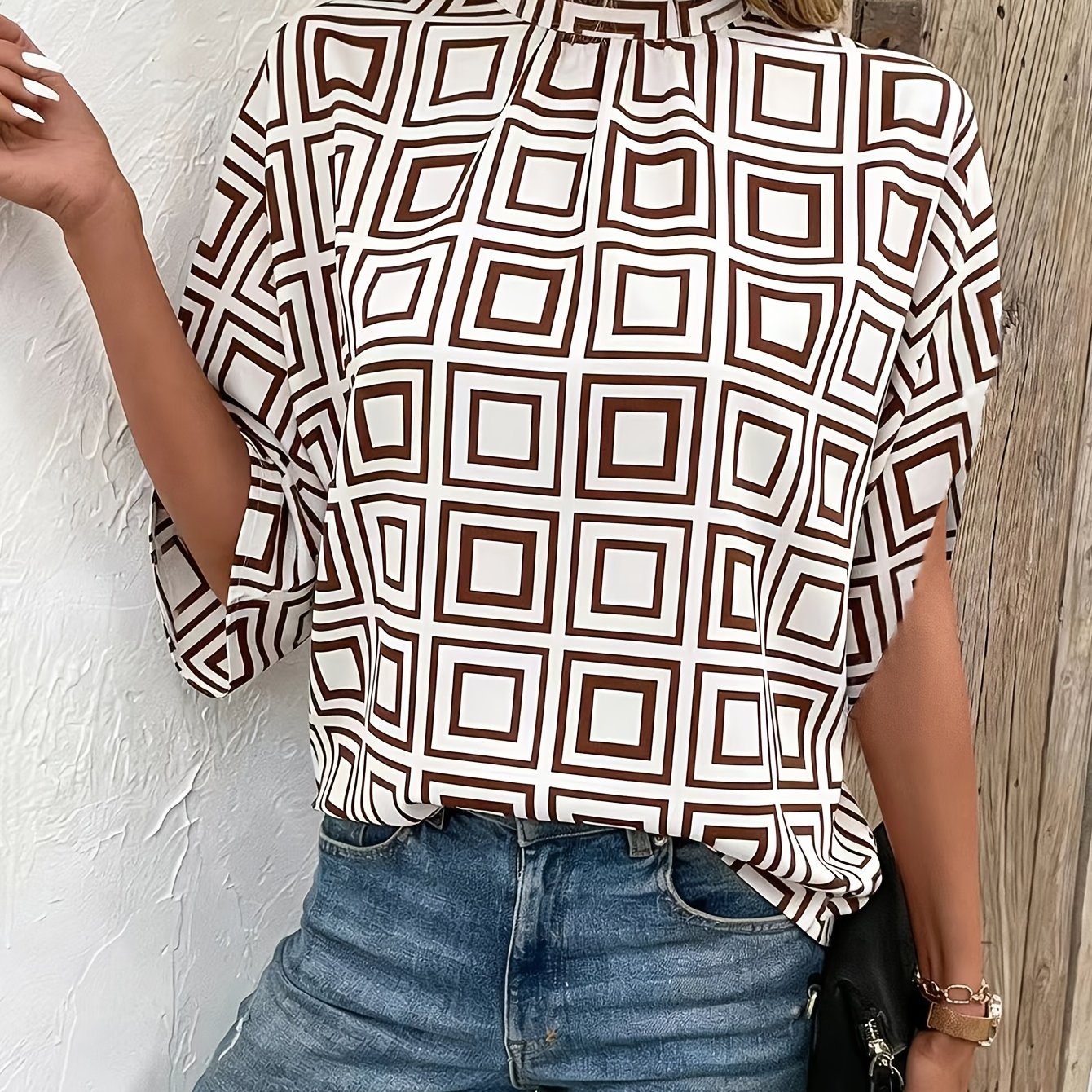 TEMU Elegant Women's Geometric Print Split-sleeve Stand Collar Mid-sleeve Blouse Top
